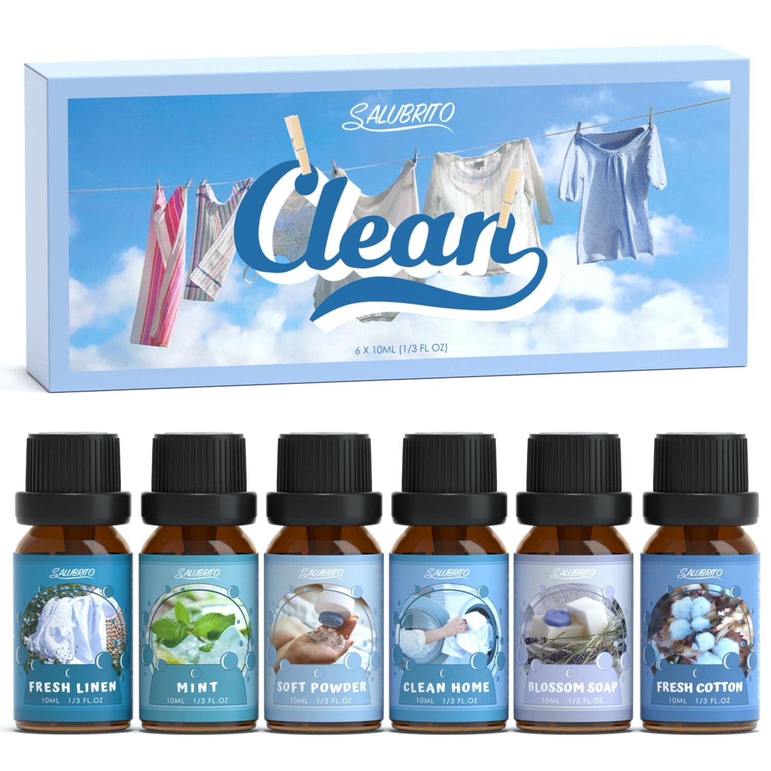 SALUBRITO Clean Fragrance Oils Set, Premium Essential Oils Set for Diffuser, Candle, Soap Making, Fresh Cotton, Clean Home, Fresh Linen, Soft Powder, Blossom Soap, Mint, Strong Scented Oils
