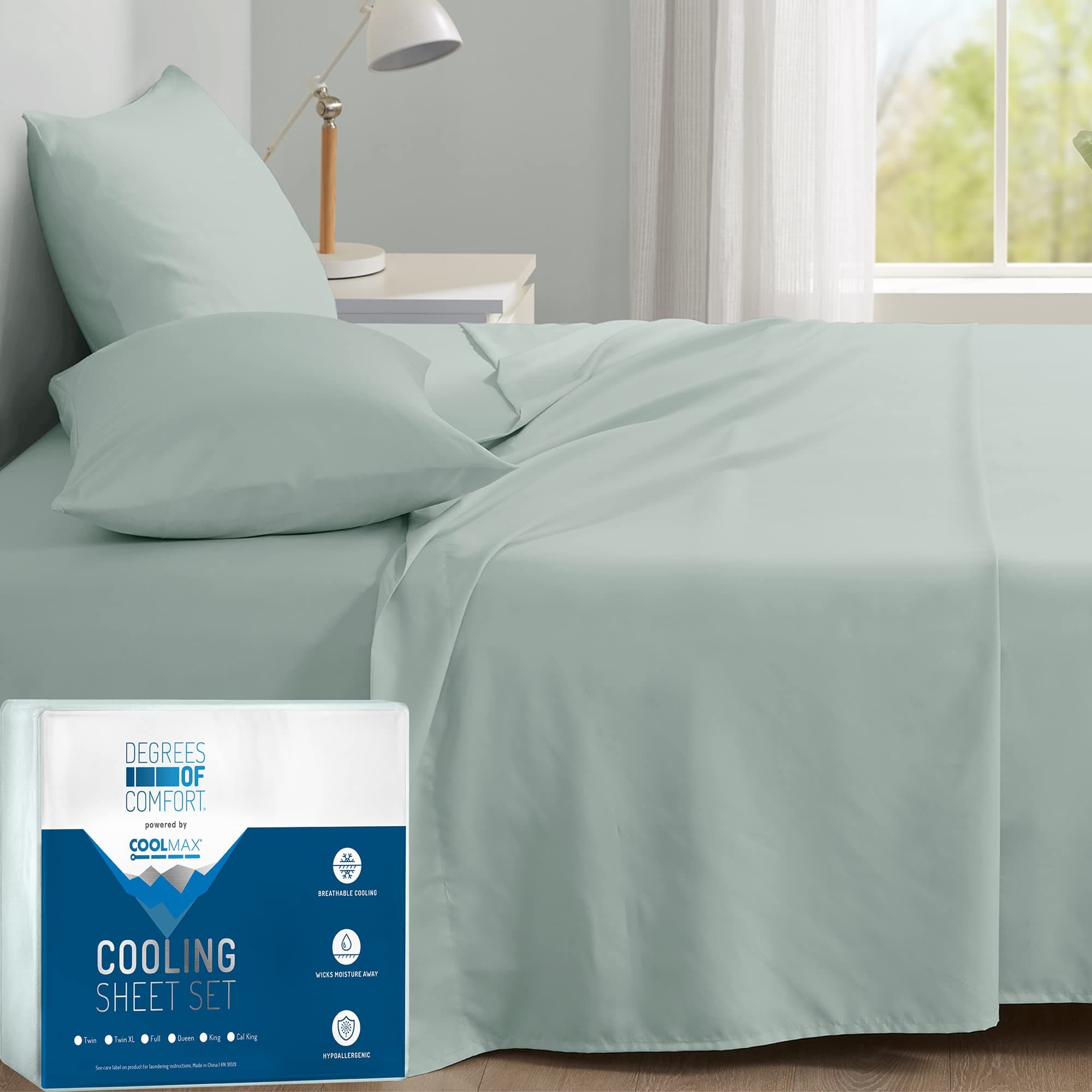 Degrees of Comfort Coolmax Cooling Sheets Set for Full Size Bed, Moisture Wicking for Night Sweats Best Comfort, Cool Sheets for Hot Sleepers During Warm Weather with Deep Pocket, Mint-4PC