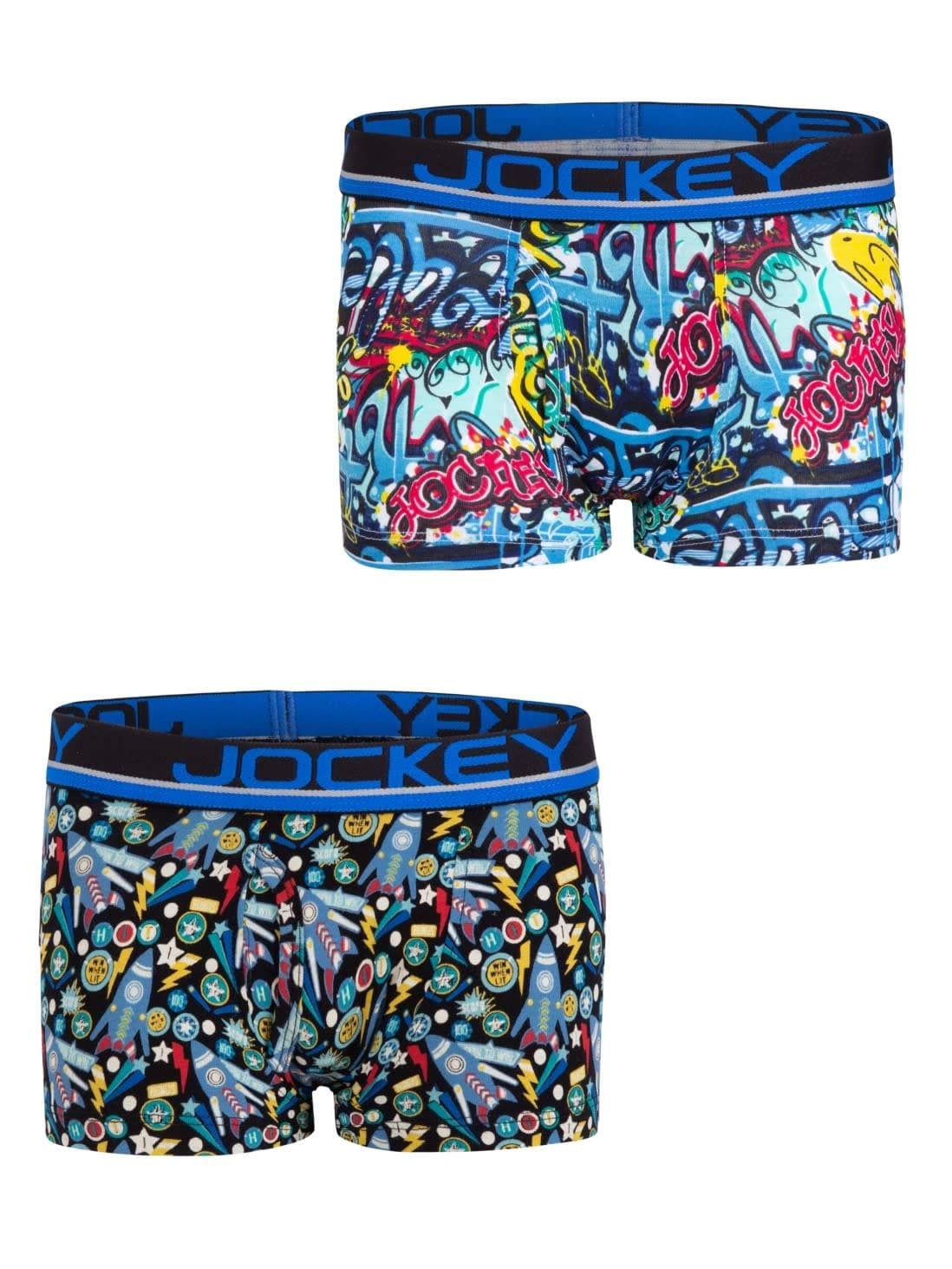 Jockey PB03 Boy's Super Combed Cotton Elastane Stretch Printed Trunk with Front Open Fly and Ultrasoft Waistband (Pack of 2_Colors & Prints May vary)