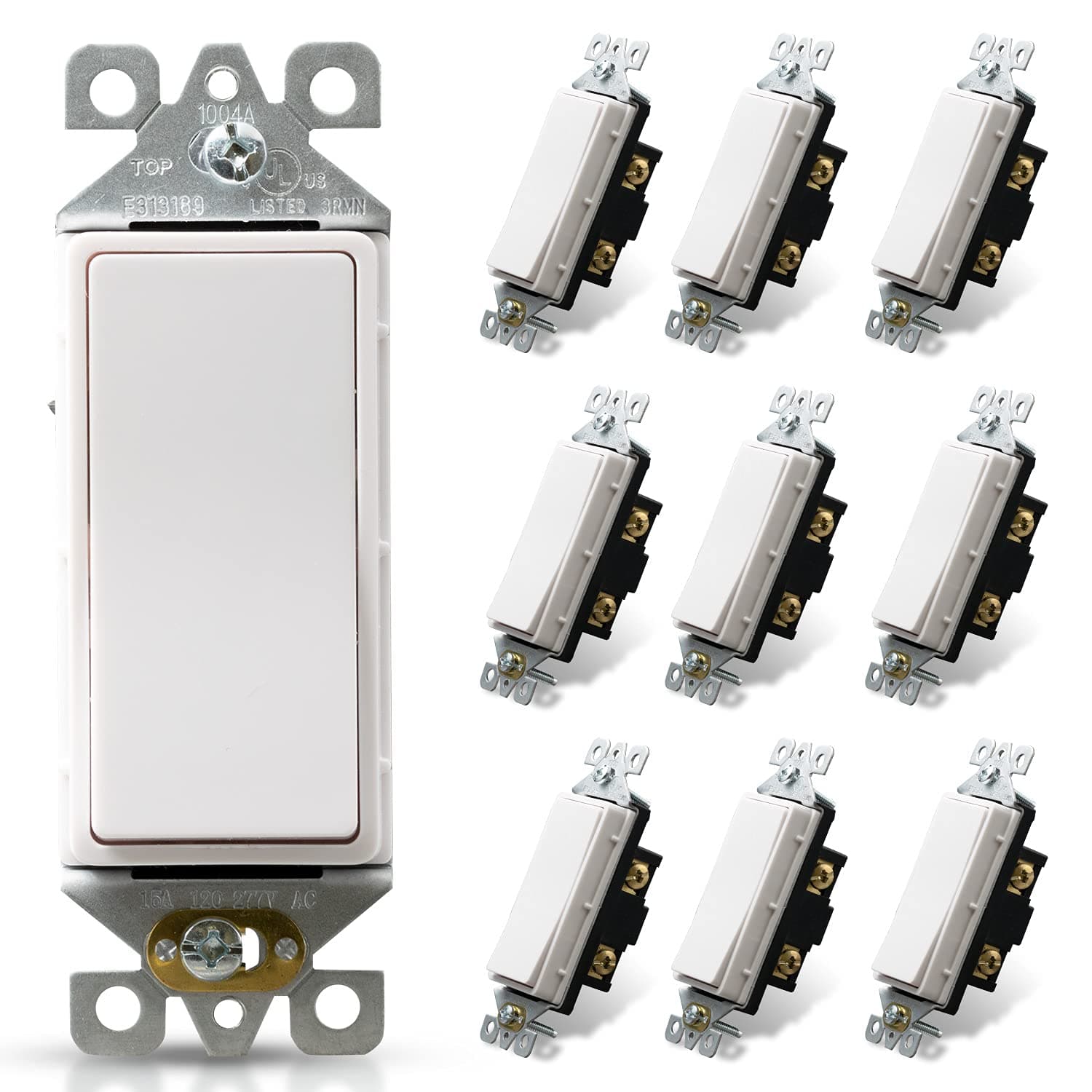 Glossy White Single Pole Decorator Light Switch, 15Amp, 120/277V, Decorative Paddle Rocker Switch Replacement, On/Off Wall Switch, Self-Grounding, Residential/Commercial Grade, 10 Pack, UL/CUL,