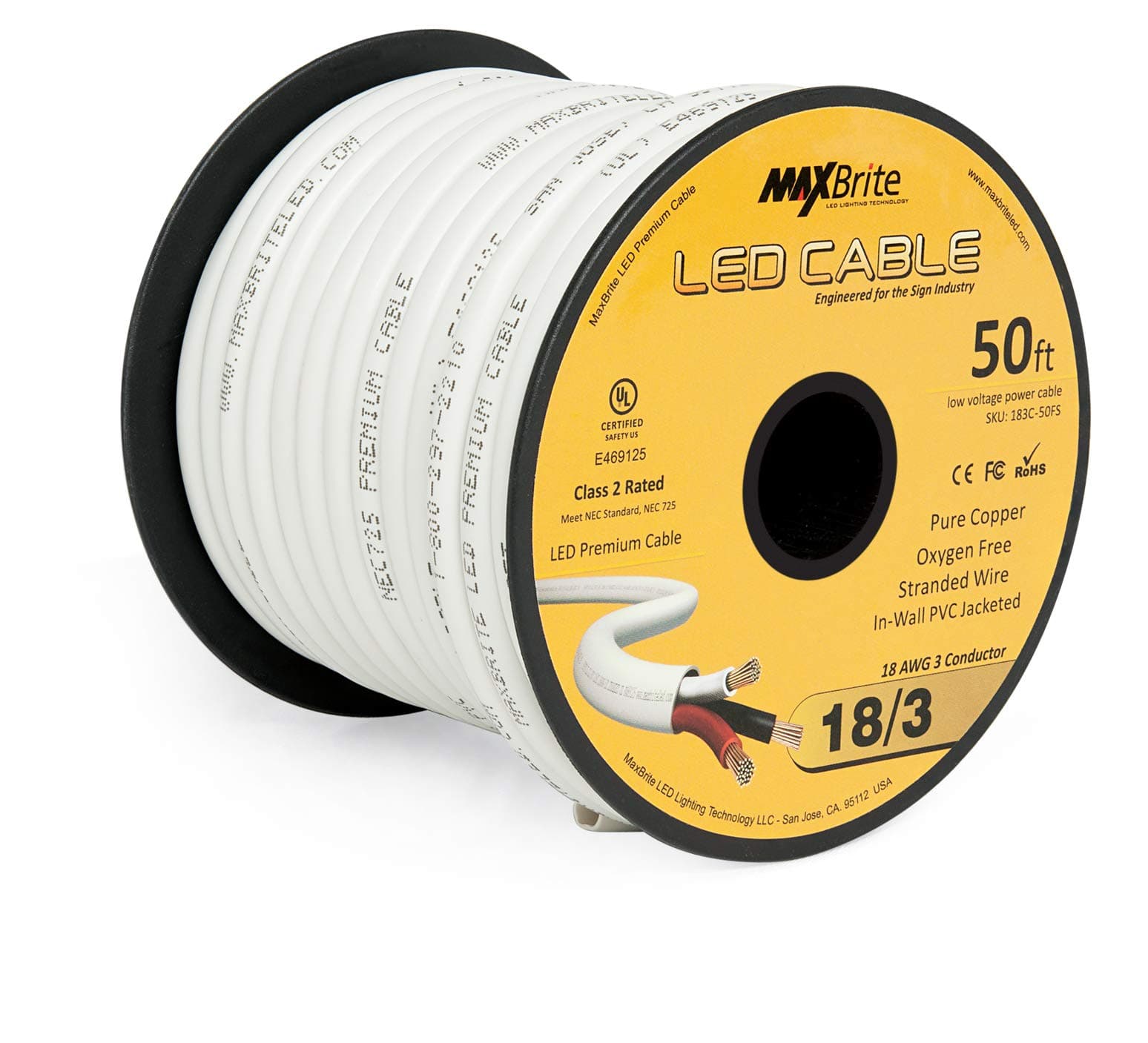 50 ft. 18AWG Low Voltage LED Cable 3 Conductor White Sleeve in-Wall Speaker Wire UL Class 2 Certified