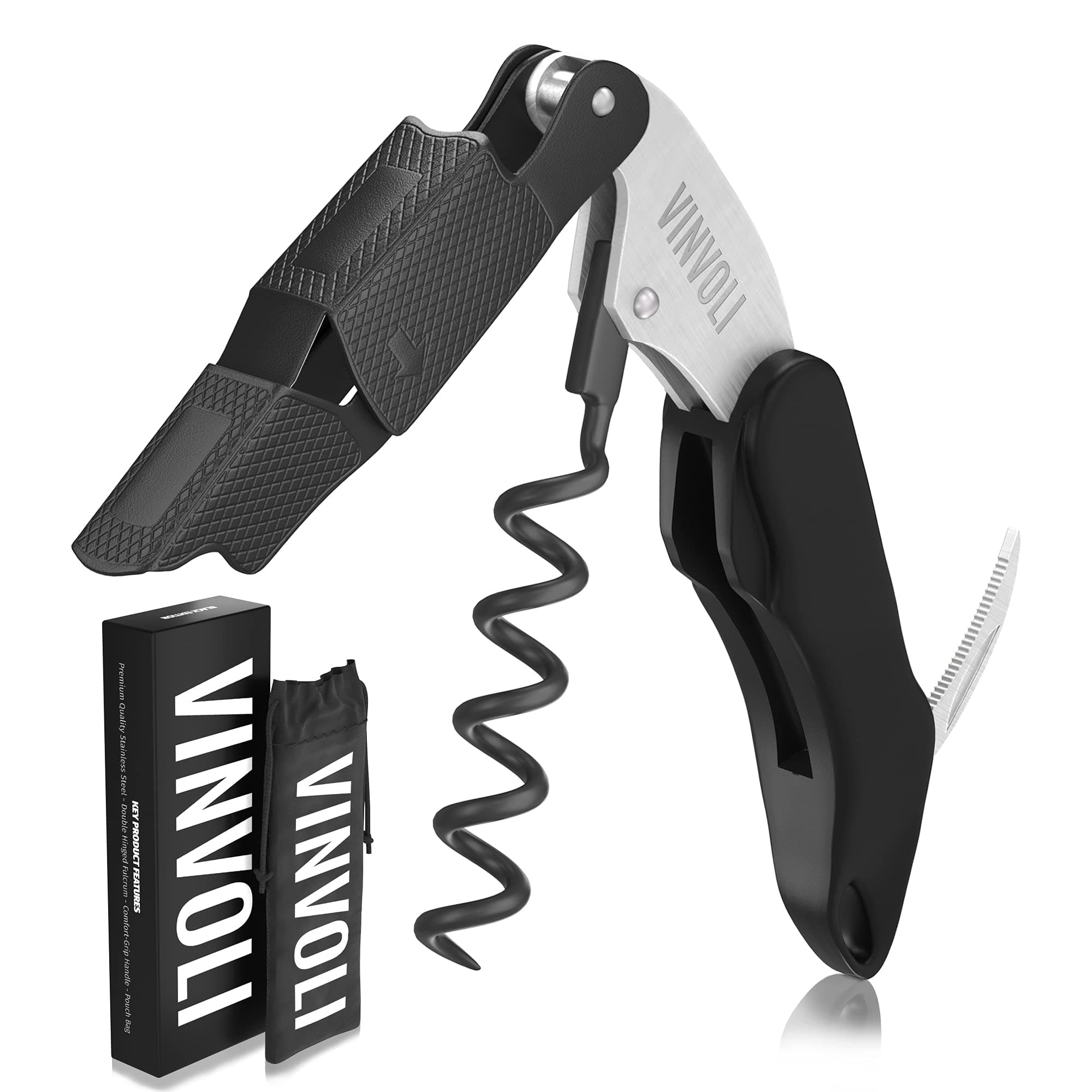 Professional Waiters Corkscrew - Multi-Functional 3-in-1 Cork Screw Bottle Opener - Wine Key With Wine Foil Cutter