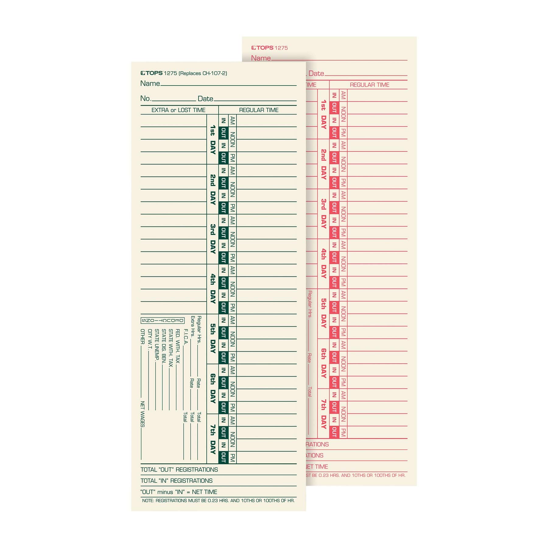 TOPS Time Cards, Bi-Weekly, 2-Sided, Numbered Days, 3-1/2" x 9", Manila, Green/Red Print, 500-Count (1275)
