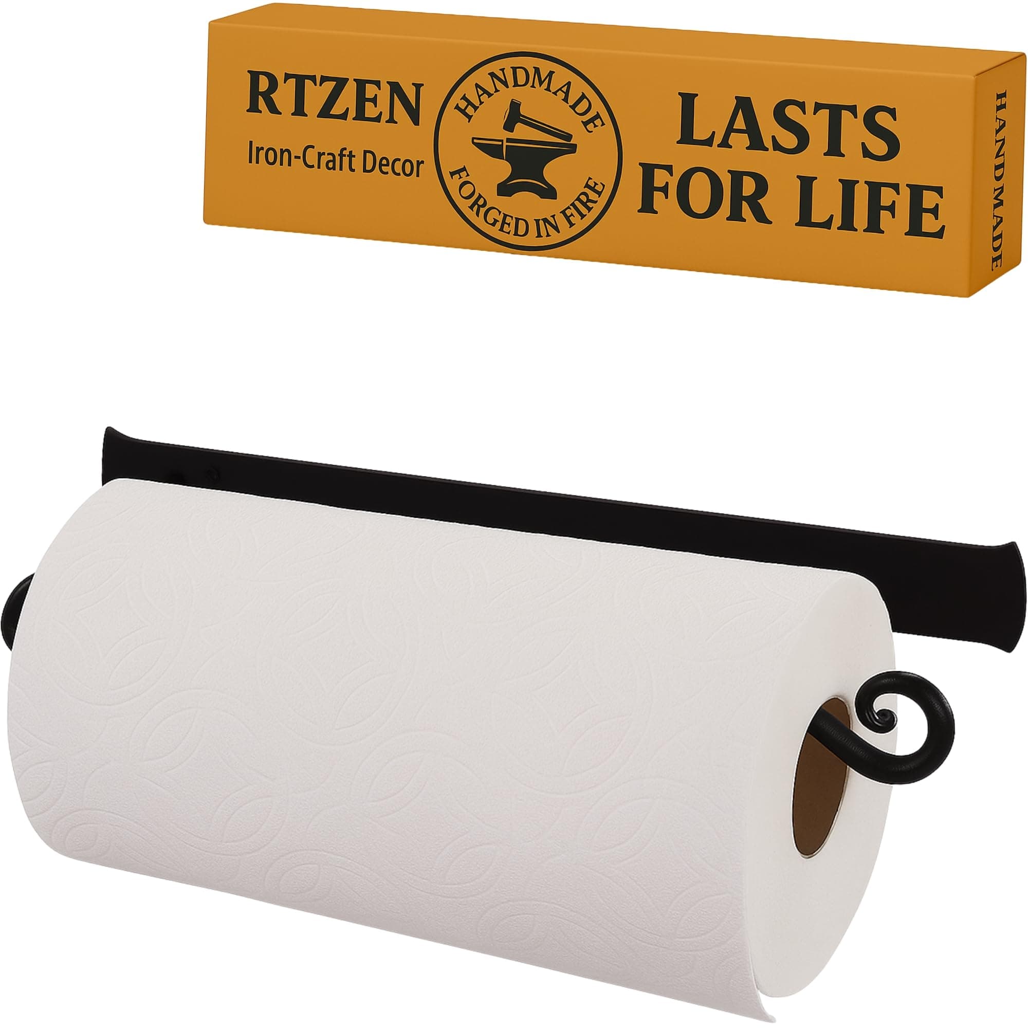 RTZEN Horizontal Black Paper Towel Holder - Handcrafted Rustic Metal Decorative Wrought Iron Decor - Farmhouse Wall Mount Paper Towel Holder for Kitchen or Bathroom