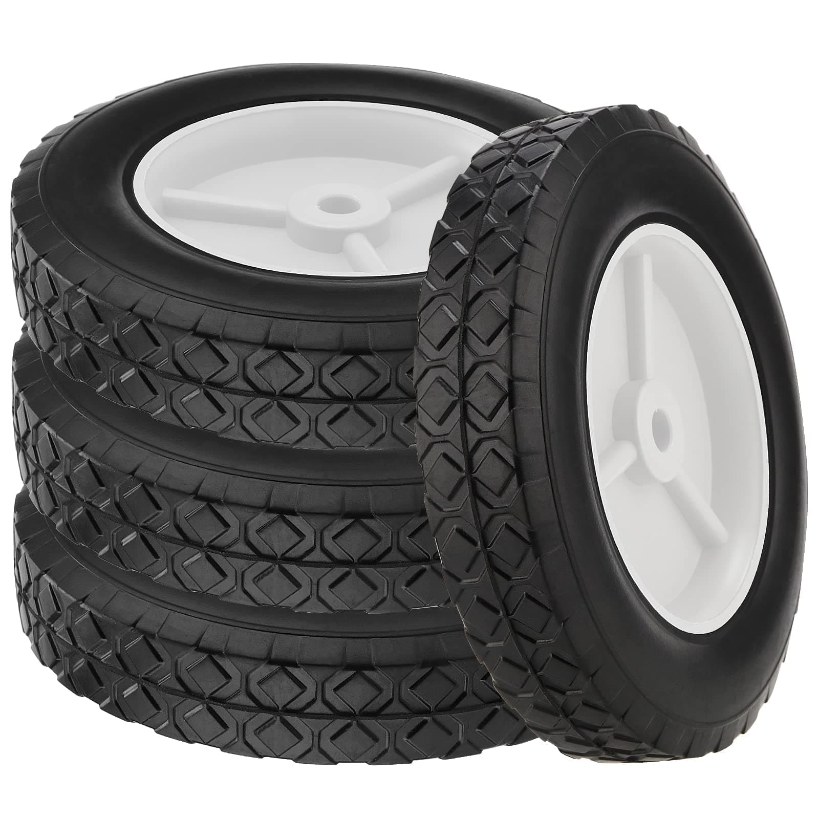 PINGEUI 4 Pack 8 x 1.75 Inch Lawn Mower Wheels, Solid Rubber Hand Truck Wheel, 1/2 Inch Axles, Plastic Wheel with Diamond Tread for Hand Trucks, Lawn Mowers, Wheelbarrow