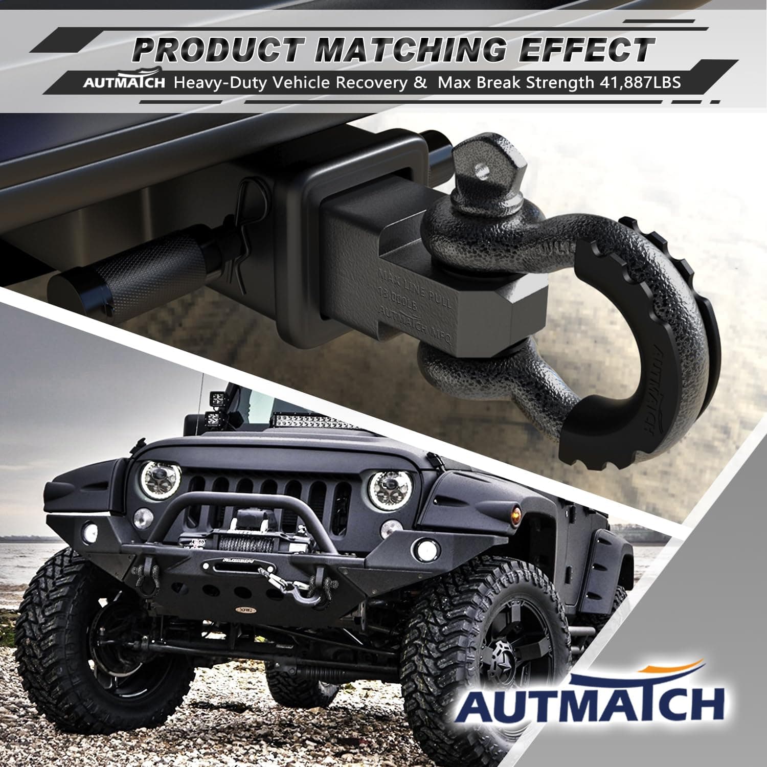 AUTMATCH D Ring Shackle 3/4" Shackles (2 Pack) 41,887Ibs Break Strength, Clevis Shackle with 7/8" Screw Pin and Shackle Isolator Washers Kit for Tow Strap Winch Off Road Vehicle Recovery, Grainstone