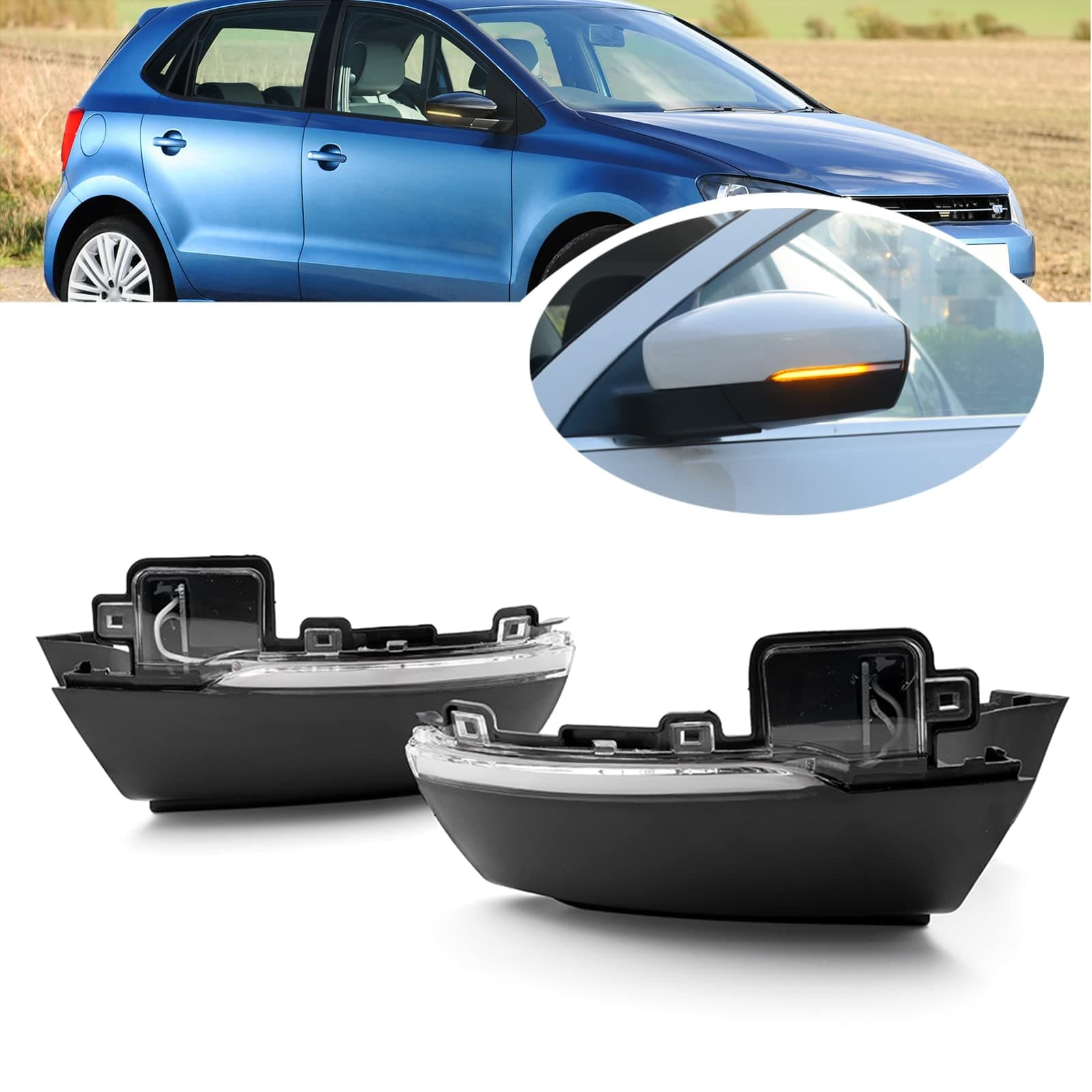 njssjd Dynamic LED Side Mirror Indicator Turn Signal Lights for VW Polo MK5 6R 6C Up! e-Up Skoda e-Citigo Seat e-Mii Wing Rearview Mirror Indicators Blinker Lamp Clear Lens