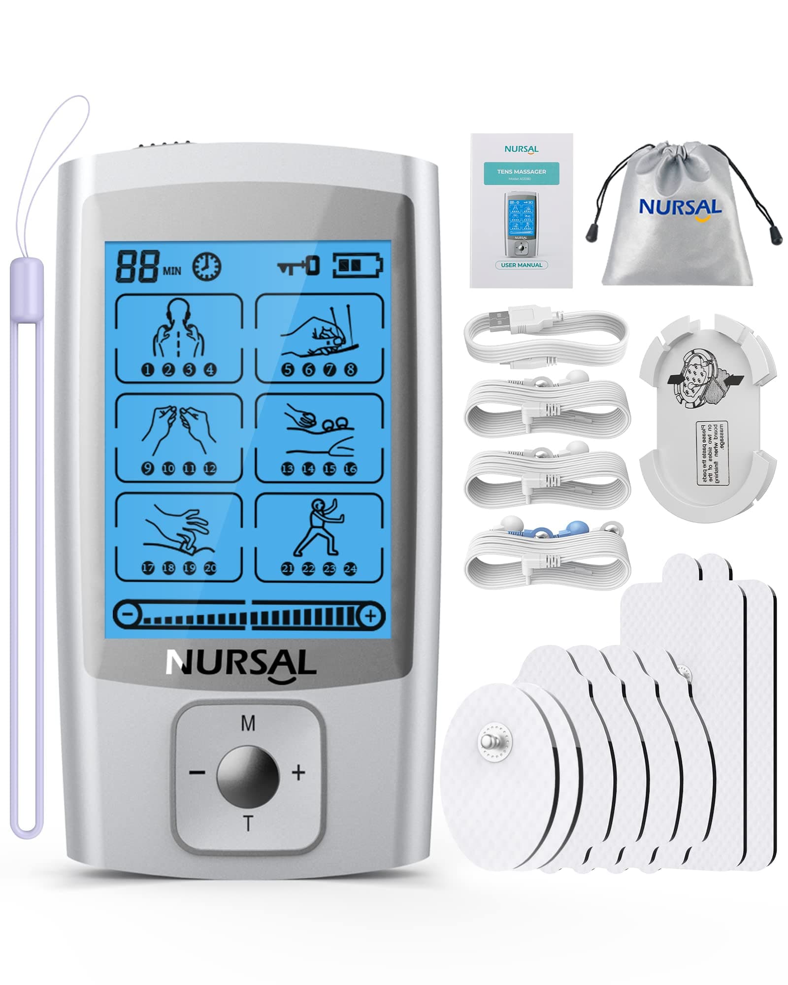 24 Modes TENS Unit Muscle Stimulator with Continuous Stimulation, Rechargeable Electronic Pulse Massager with 8 Pads for Back and Shoulder Pain Relief and Muscle Strength (Silver)