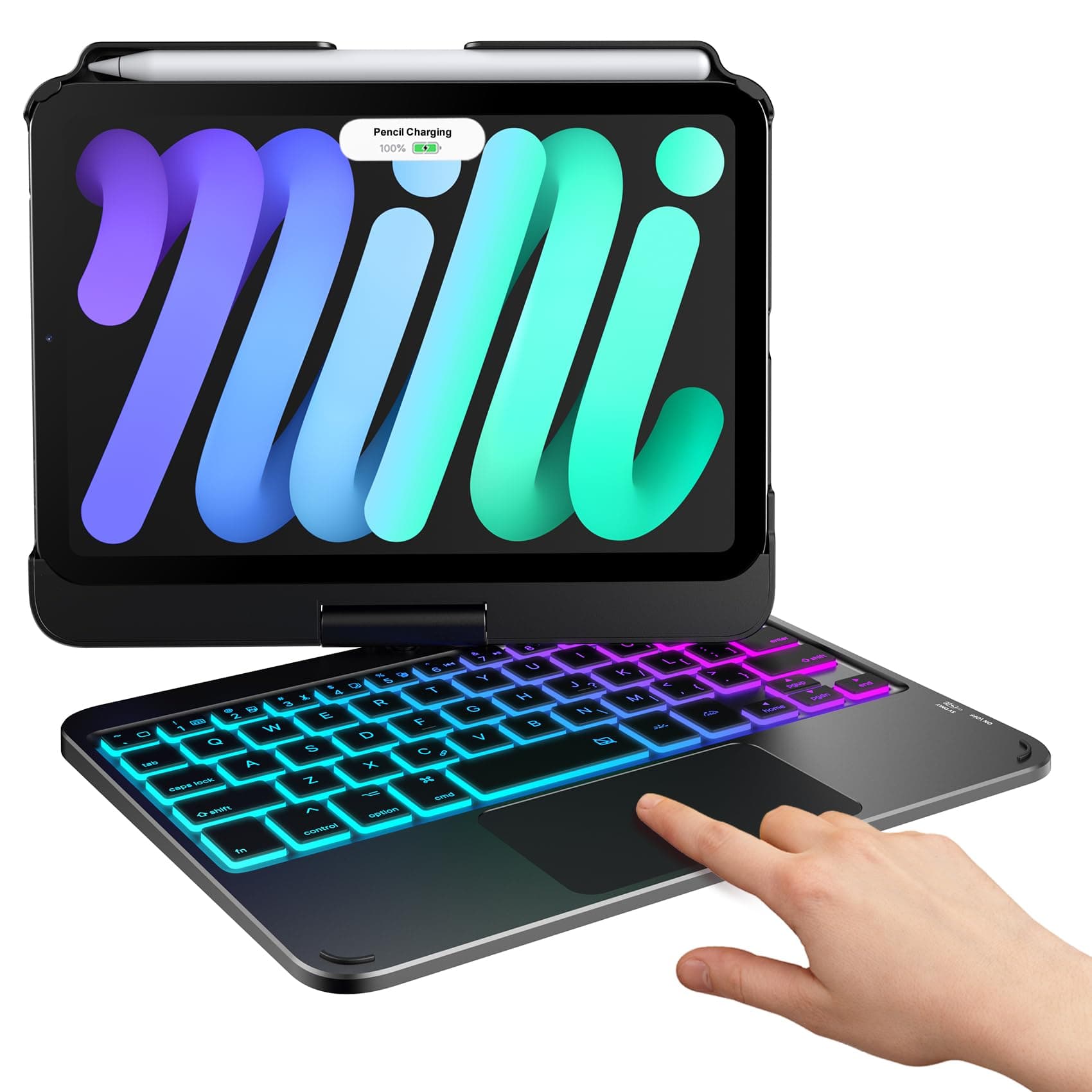typecase Keyboard Case for iPad mini 7 (A17 Pro, 2024) & Mini 6th Gen (2021) 8.3-inch, Multi-Touch Trackpad, 360° Rotatable, 11 Colors Backlit, Wireless Cover with Pencil Holder - Black
