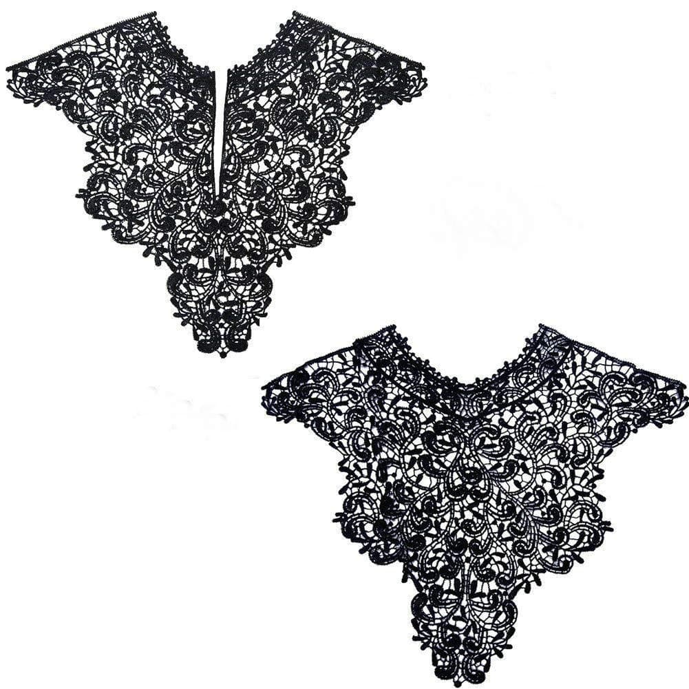 1 Sets (Front/Back) Pink/Red/Black/White Lace Neckline Collar Beautiful Flower Lace Applique Trim, Lace Fabric DIY Sewing Supplies(2Slices) (Black)