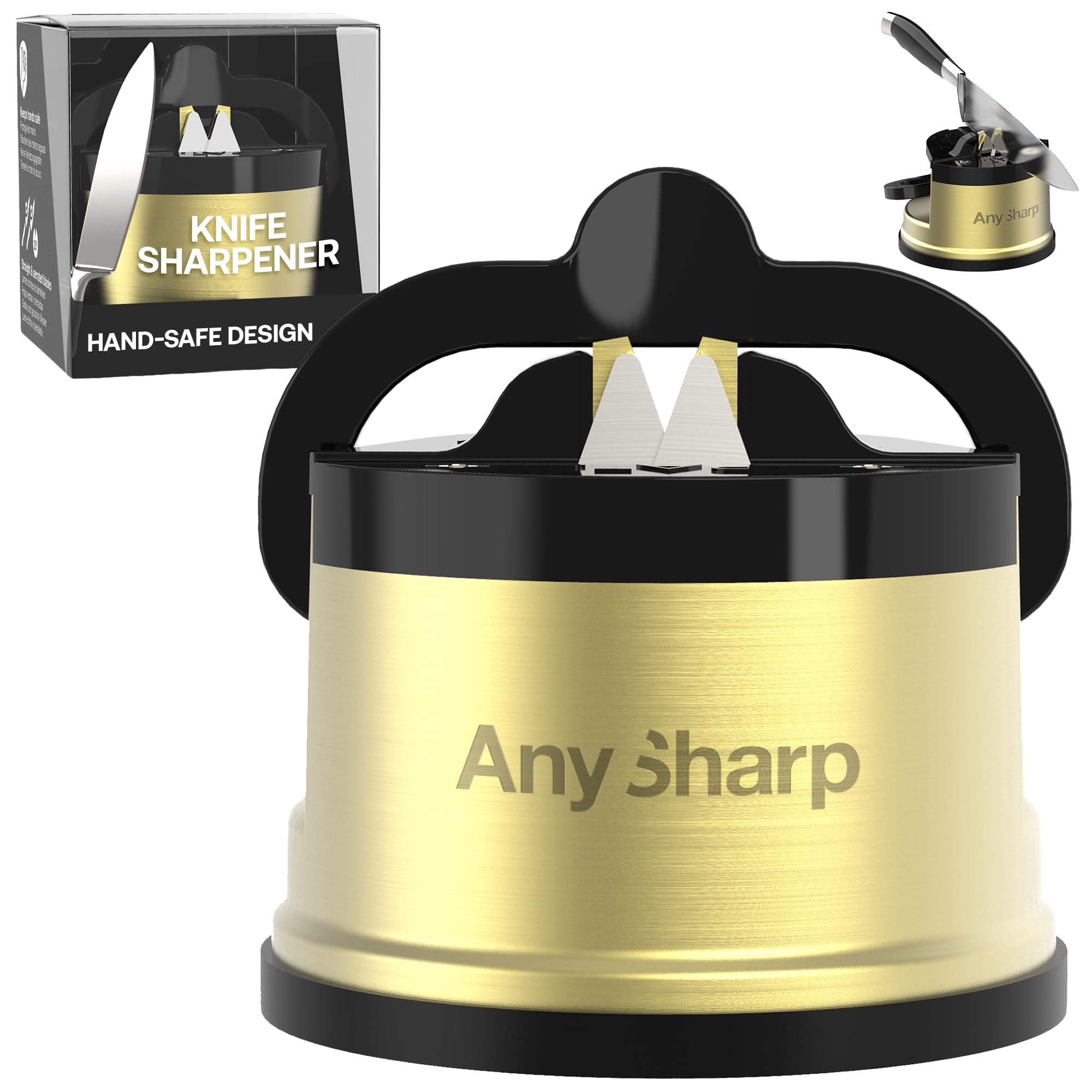 Chef – Hands Free Knife Sharpener - Easy to Use Sharpening Tool with PowerGrip Suction Base and 20-Degree Pre-Set Angle - for All Knives: Chef's, Serrated, and Hardened Steel - Brass