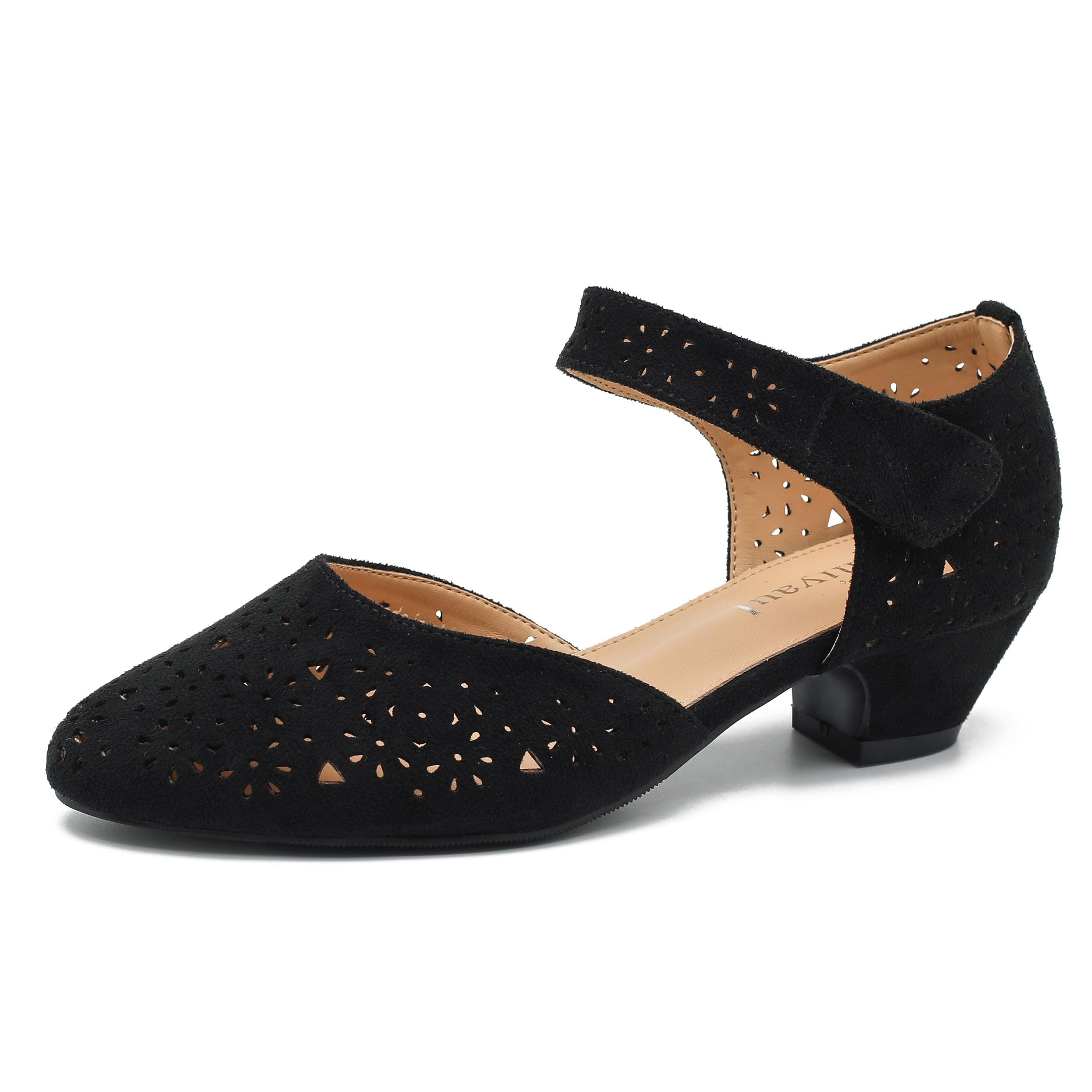 Women's Ankle Strap Cut Out Closed Toe Low Block Heels Pumps Retro Shoes Hook and Loop D'Orsay Comfortable Vintage Dressy Wedding Party Work Church Shoes