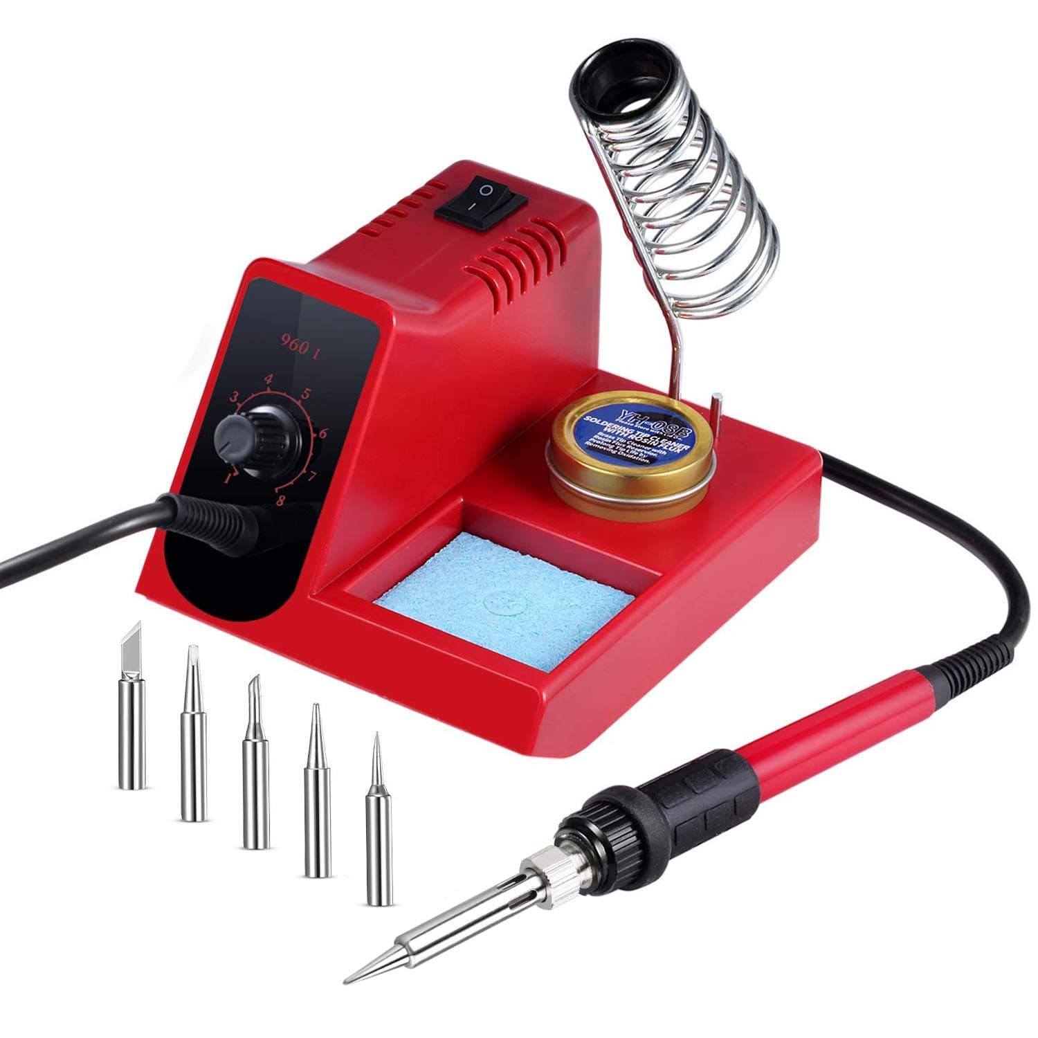 60W Soldering Iron Station, 8 Level Adjust Temperature Control, Ergonomic Soldering Iron, Solder Holder, 5 pcs Different Tips and Brass Tip Cleaner (960D)