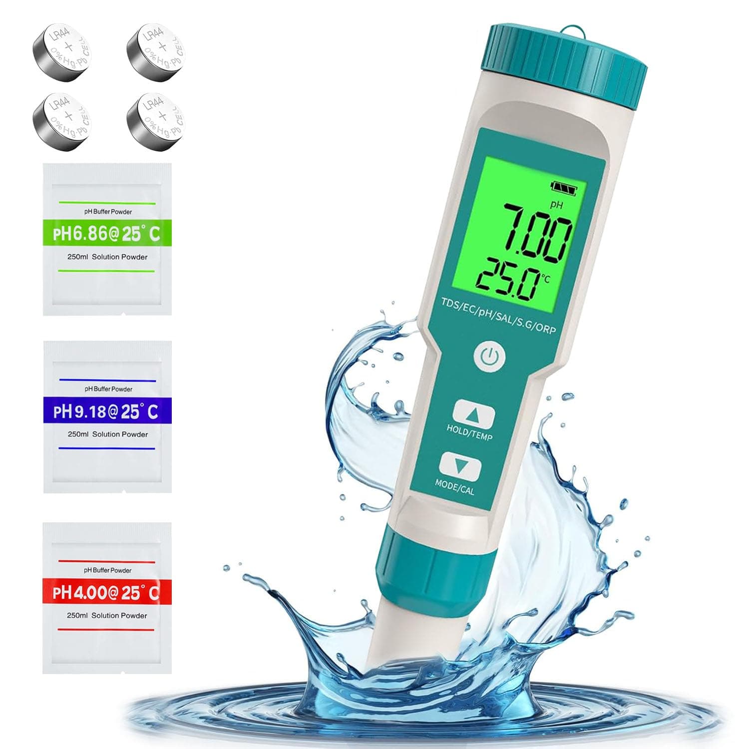 Gluckluz Digital PH Meter 7-in-1 TDS/EC/Salt/S G/Temps/ORP Water Quality Tester Waterproof Pen Tester with LCD Display & 0.01 High Accuracy & ATC System & 3 PH Buffer Powder for Pool Aquarium