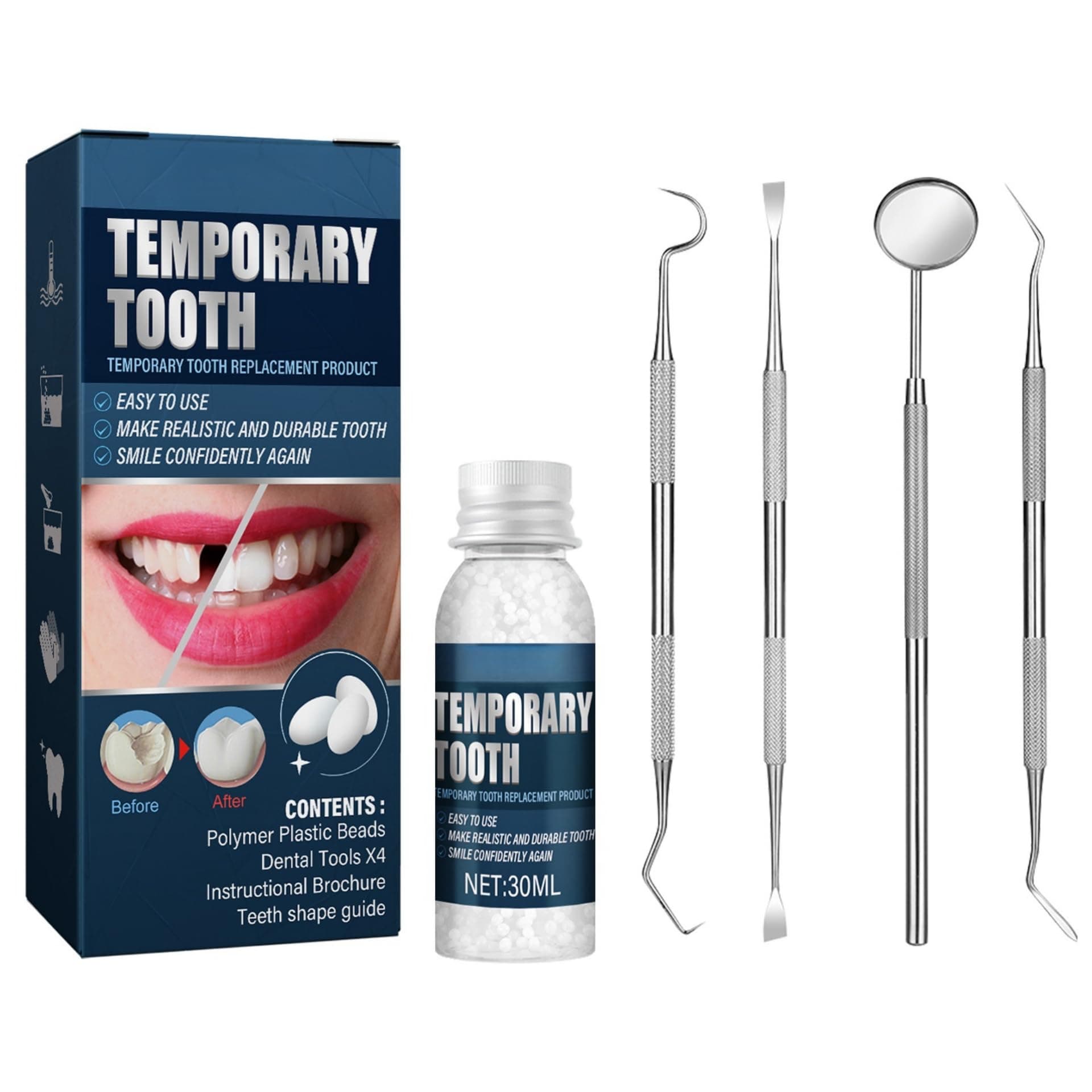 Temporary Tooth kit 30ml Customizable Temporary Tooth Solution, Versatile Dental Prop for Parties and Cosplay, Easy-to-Use 30ml Adhesive, Realistic Look and Feel, Durable and Long-Lasting