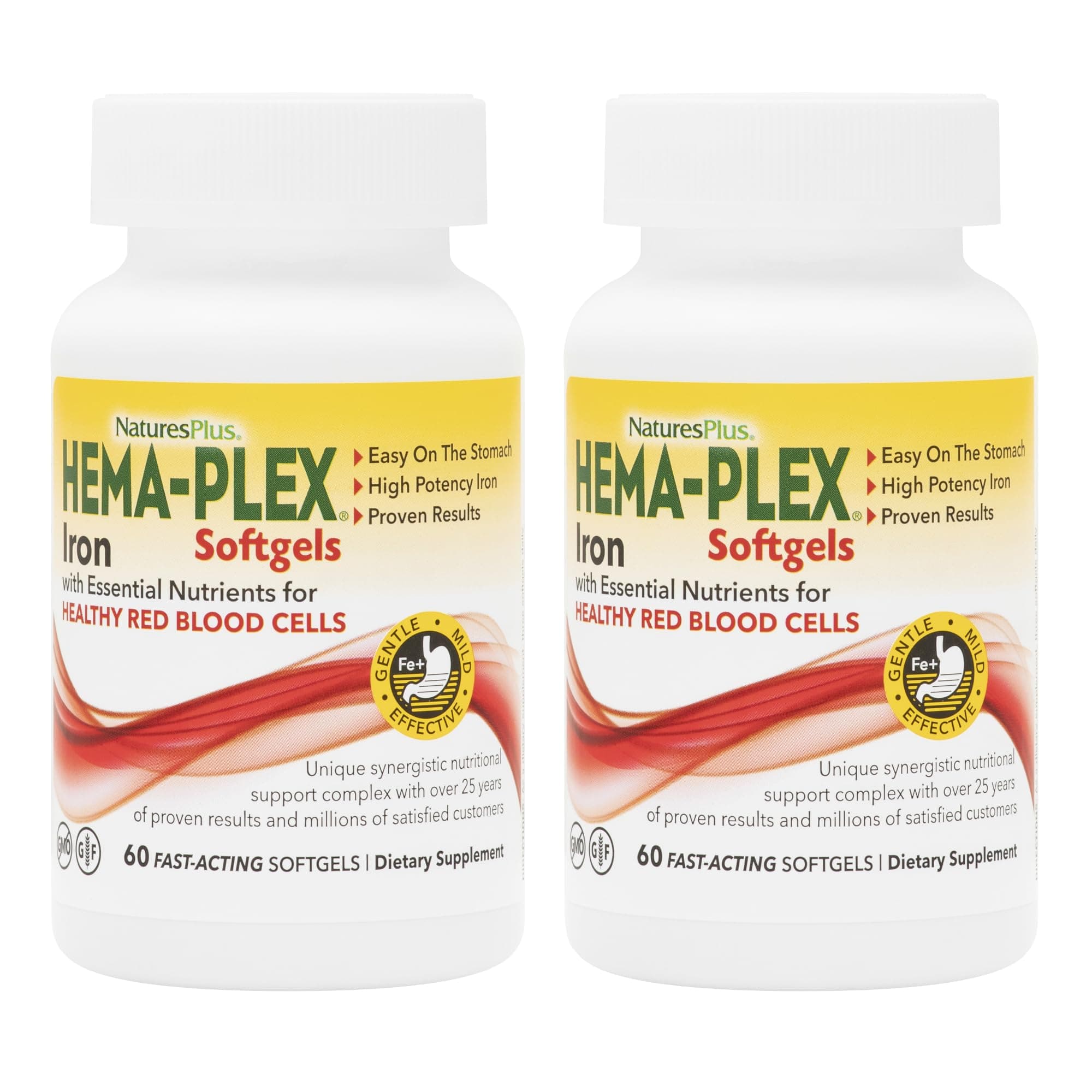 - NaturesPlus Hema-Plex Iron - 60 Fast-Acting Softgels - 2 Pack - 85 mg Iron + Vitamin C & Bioflavonoids for Healthy Red Blood Cells - Vegan, Gluten Free - 40 Total Servings