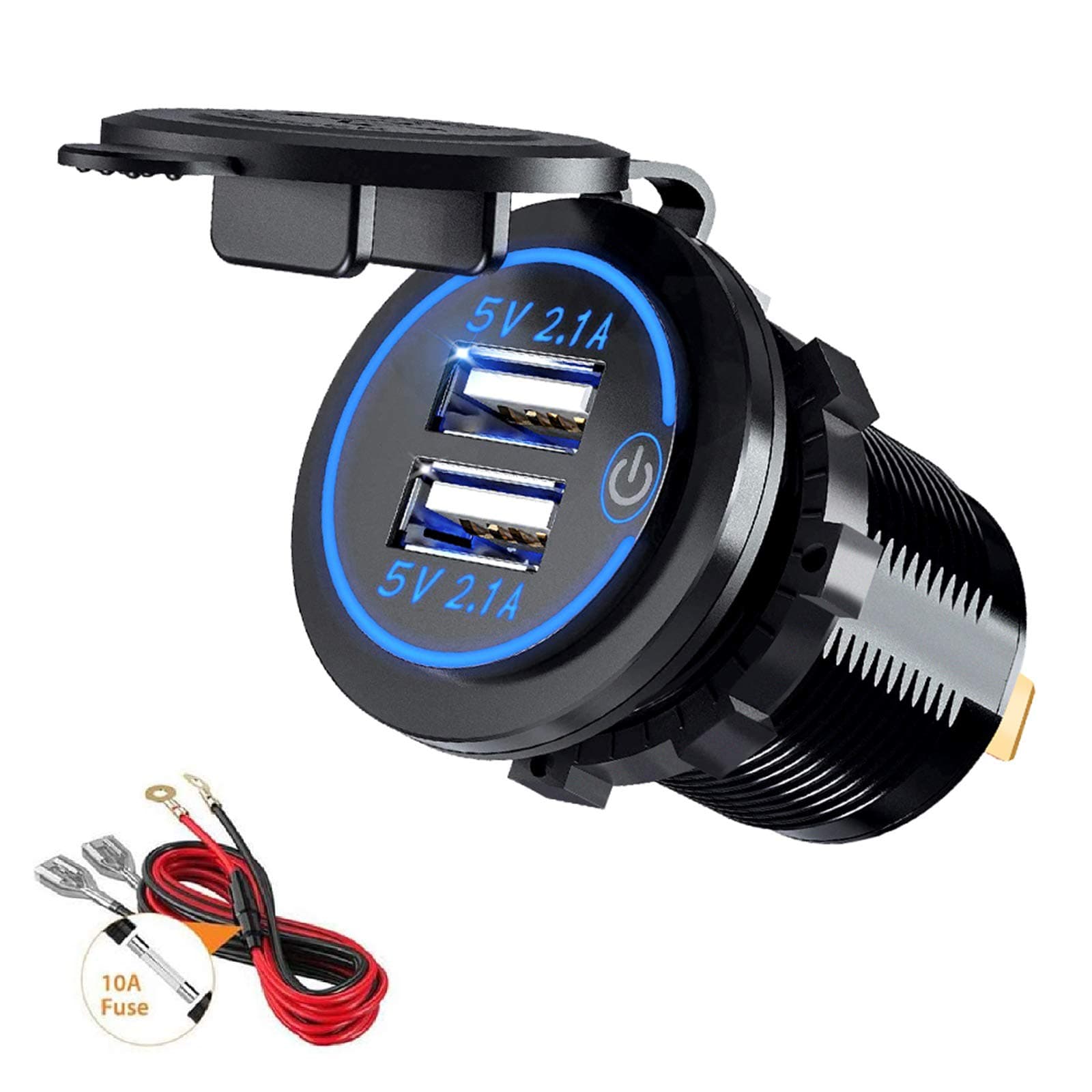 Dual USB Charger Socket, Dual 5V/4.2A USB Car Charger Power Outlet with switch for 12V/24V Car, Boats and Marine, Motorcycle, Truck, SUV, UTV (1x USB Socket Blue)