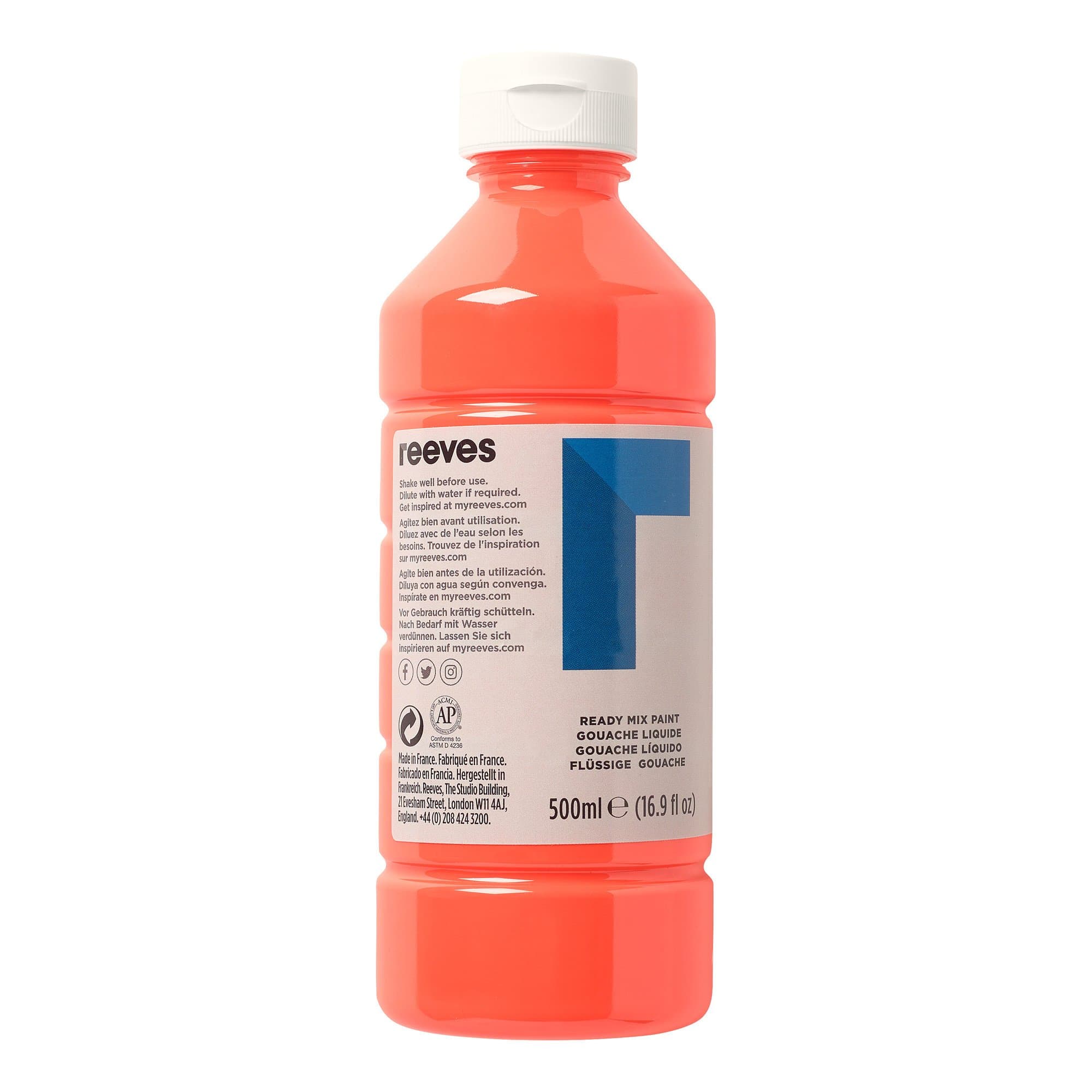 Reeves Ready Mix Paint, Fluorescent Orange, 500 ml