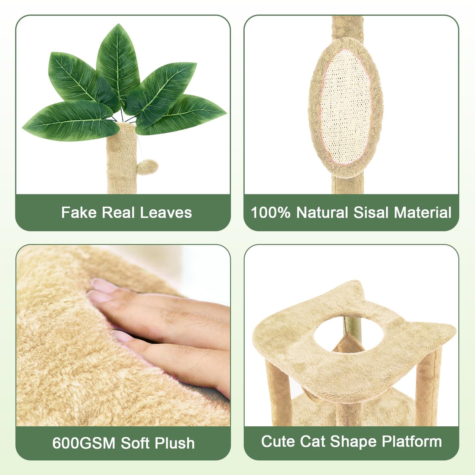 61" Cat Tree for with Green Leaves, Multi-Level Large Cat Tower with Hammock, Plush Cat House with Hang Ball Toy and Sisal Scratching Posts Furniture, Beige