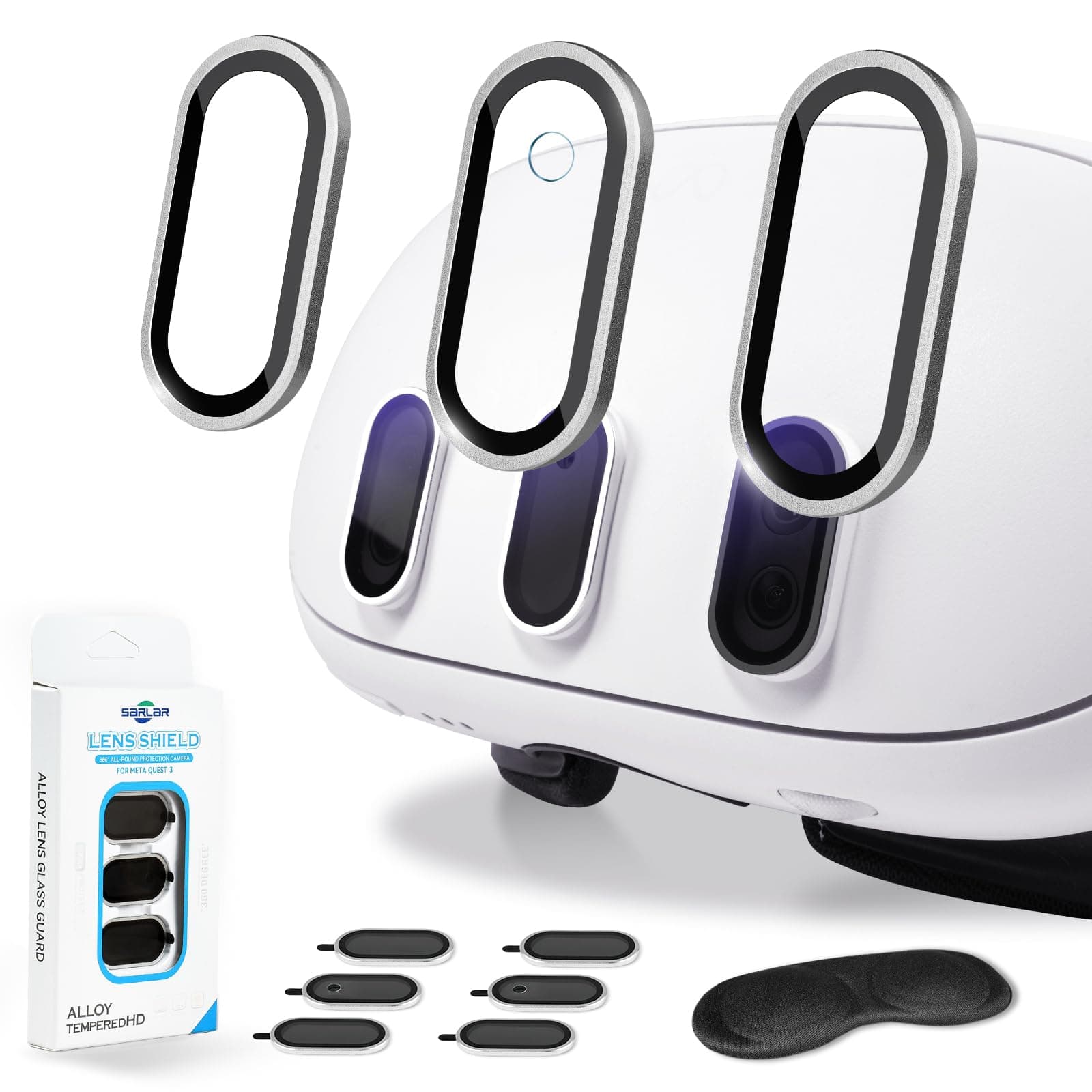 SARLAR 2 Pack Camera Lens Protector and 1 Build-in Lens Cover for Oculus Meta Quest 3 Accessories, 9H Hardness Tempered Glass, Anti-Scratch, High Definition, Case Friendly