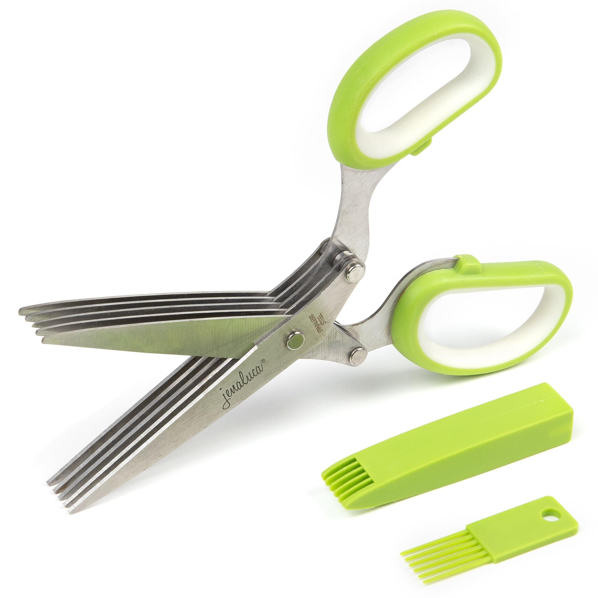Jenaluca 5 Blade Herb Scissors - Cut & Chop Fresh Herbs & Leafy Greens - Salad Scissors - Stainless Steel Kitchen Shear Set with Cleaning Comb & Safety Cover - Kitchen Gadget - Green