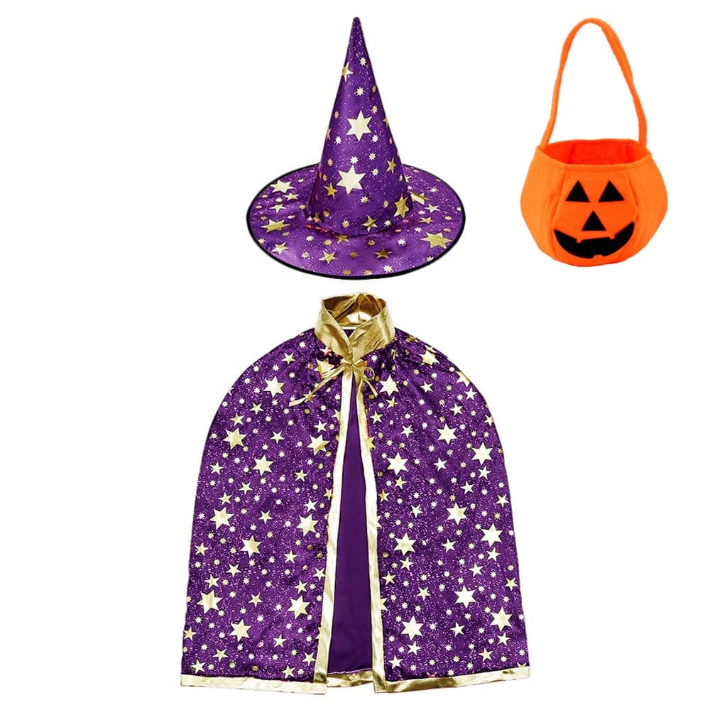 Jackcell Wizard Cape Witch Cloak with Hat and Pumpkin Bag, Halloween Costume Props for Kids Cosplay Party