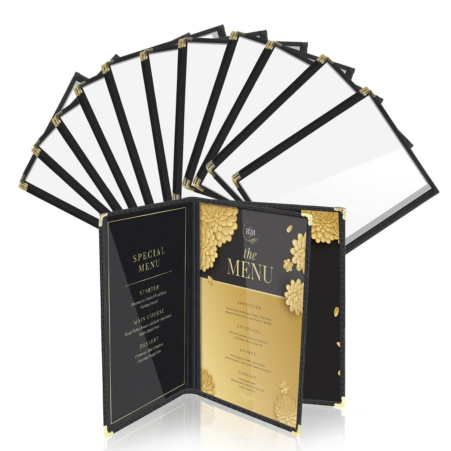 Flexzion Restaurant Menu Covers 8.5 x 11 Inch (12 Pack) - Book Style Bar Menu Holder with 3 Page 6 View - Transparent Clear Menu Book Covers with Gold Metal Corner for Restaurant, Hotel, Cafe