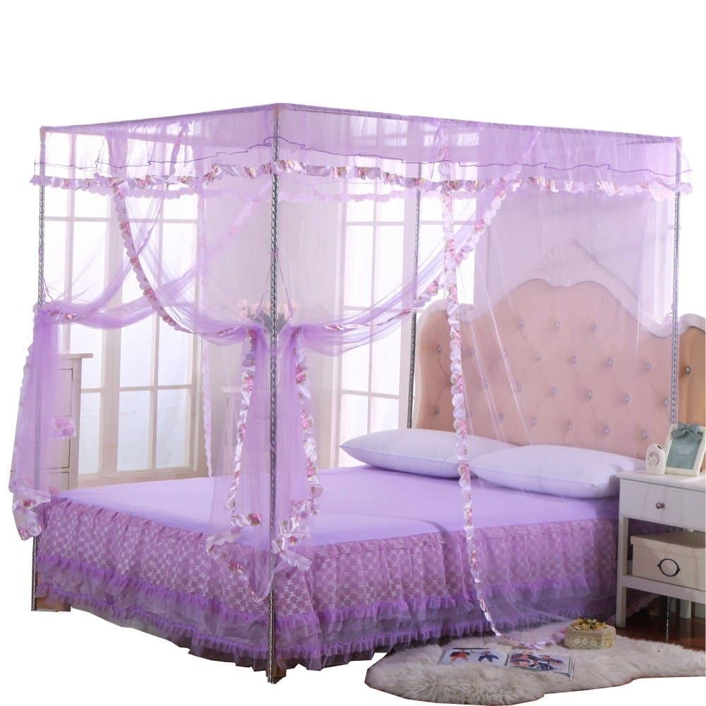 Canopy Bed Curtains - 4 Corner Canopy for Bed, Bed Canopy for Adults, Bedroom Decor (Queen Size, Purple)
