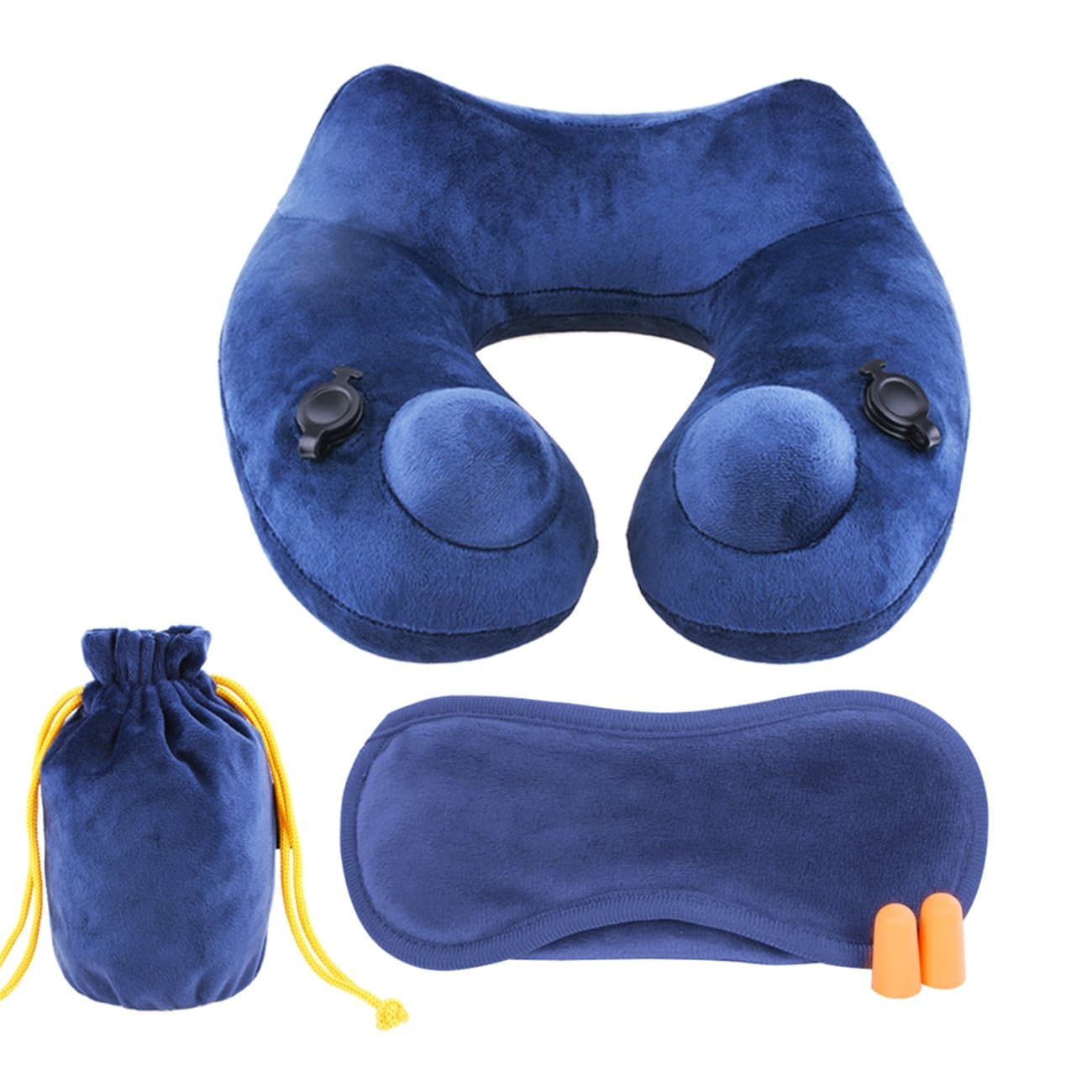 Inflatable Travel Pillow, Push-Button Quick 10 Seconds Inflating U Shaped Neck Pillow for Airplane Travel with Ear Plugs, 3D Eye Mask and Packsack