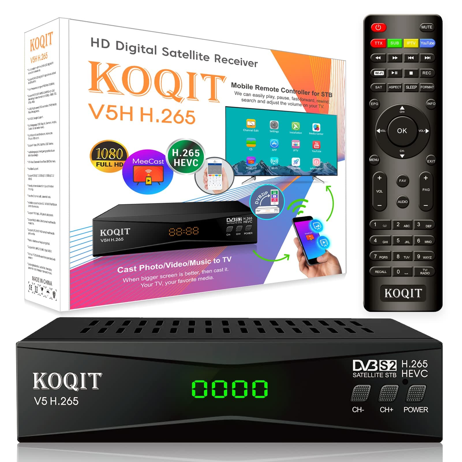 Koqit V5H H.265 FTA Satellite Receiver DVB-S2 (T2-MI) DVB S2 Galaxy 19 Satellite TV Receiver Finder Sat Decoder Meecast Biss Key YouTube TV Box