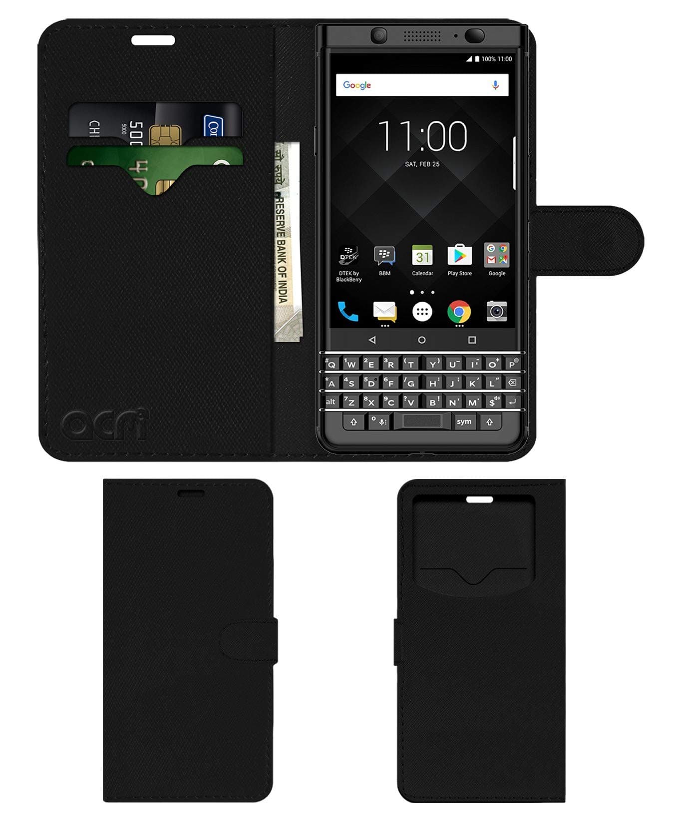 ACM Leather Window Flip Wallet Front & Back Case Compatible with BlackBerry Keyone Limited Edition Mobile Cover Black