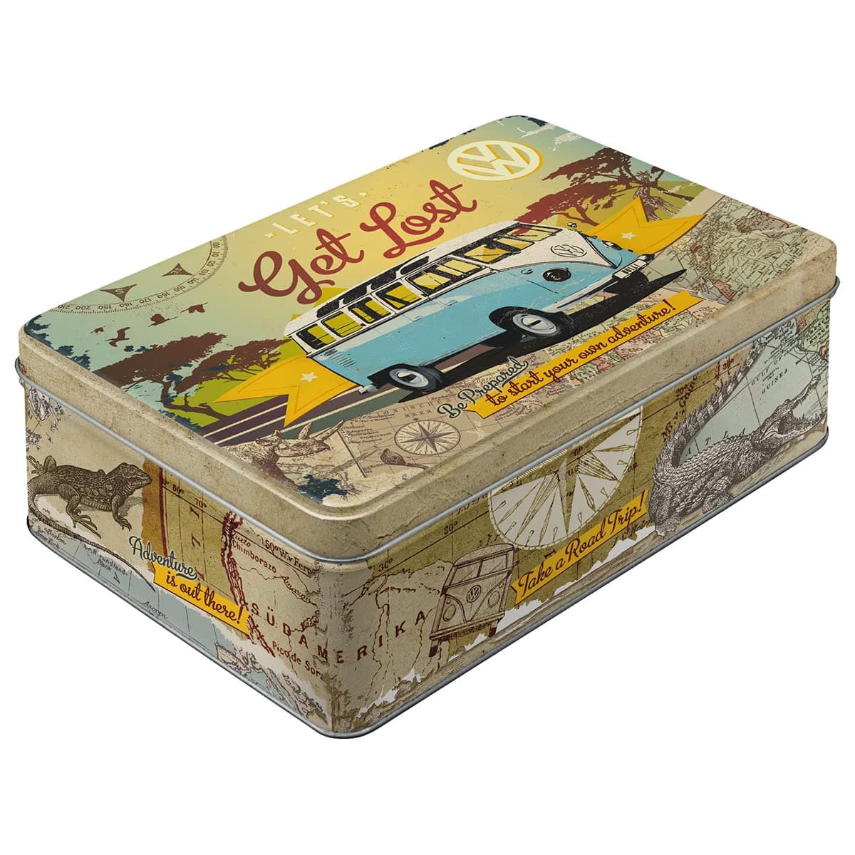 Retro storage tin box flat, 84.5 oz, VW Bulli – Let's Get Lost – VW Bus Gift idea, Official License Product (OLP), metal can with lid, vintage design