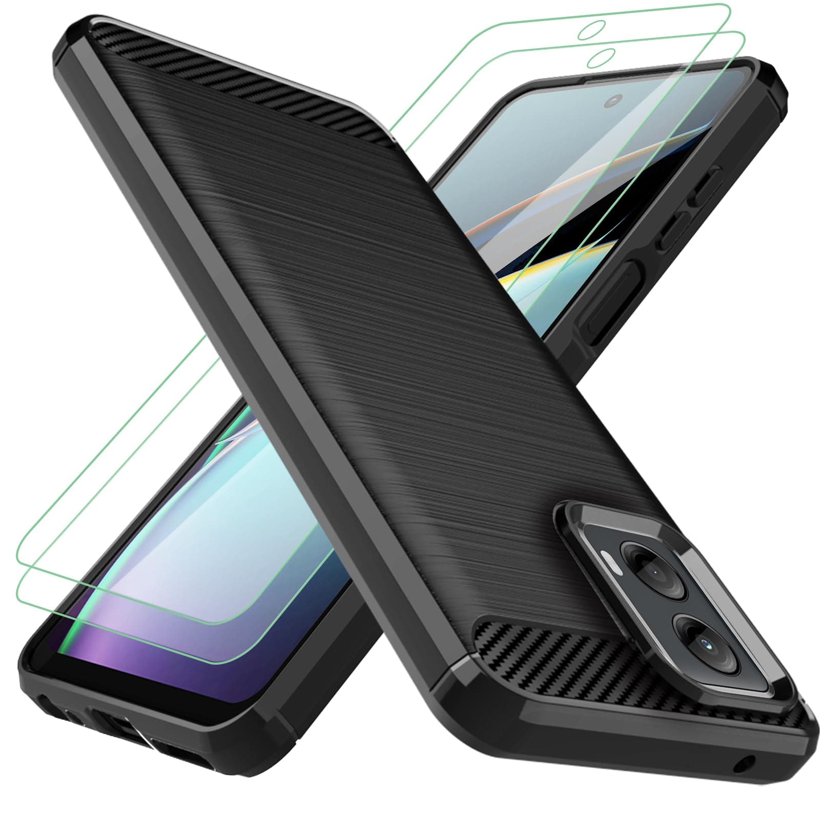 for Moto G-5G-2024 Case:with 2pcs Screen Protector Shock-Absorption Flexible TPU Rubber Protective Cell for Motorola Moto G 5G 2024 Phone Case Cover(Black)