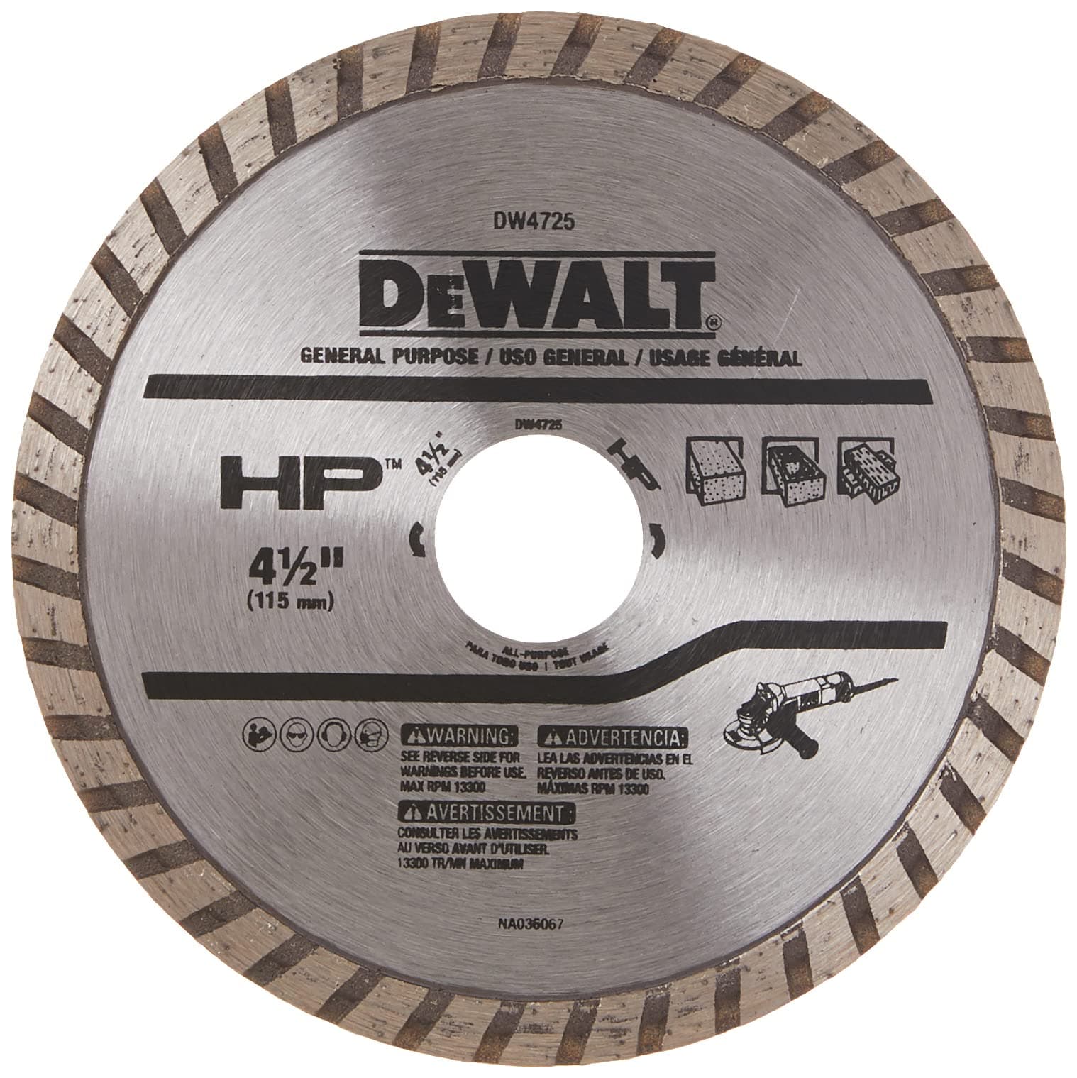 Diamond Blade for Masonry, Dry Cutting, Continuous Rim, 7/8-Inch Arbor, 4-1/2-Inch (DW4725)