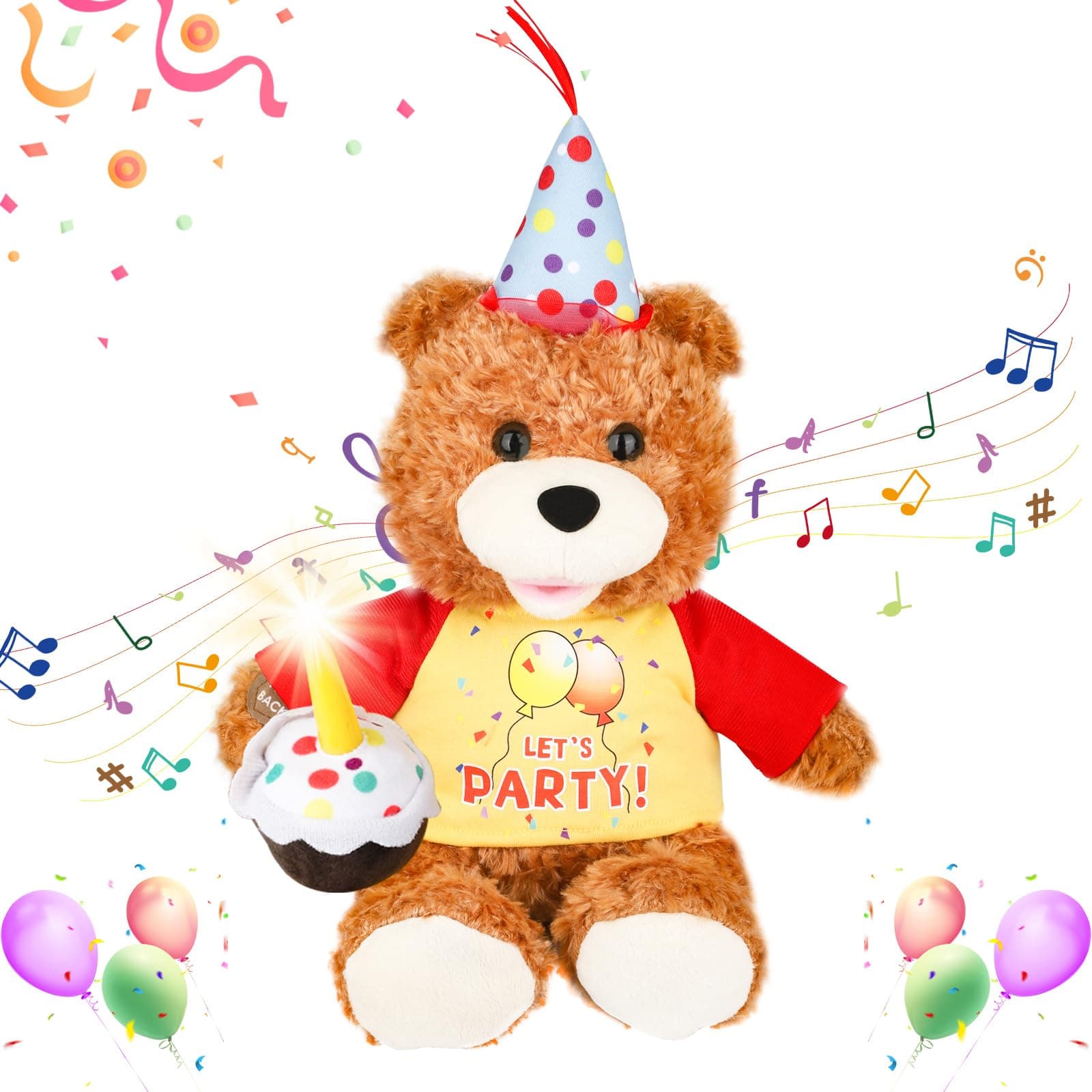 Singing Dancing Teddy Bear with Light Up Candle Playing Happy Birthday Song – Musical Interactive Plush Toy Stuffed Animal Birthday Gift for Kids Adults, 12”