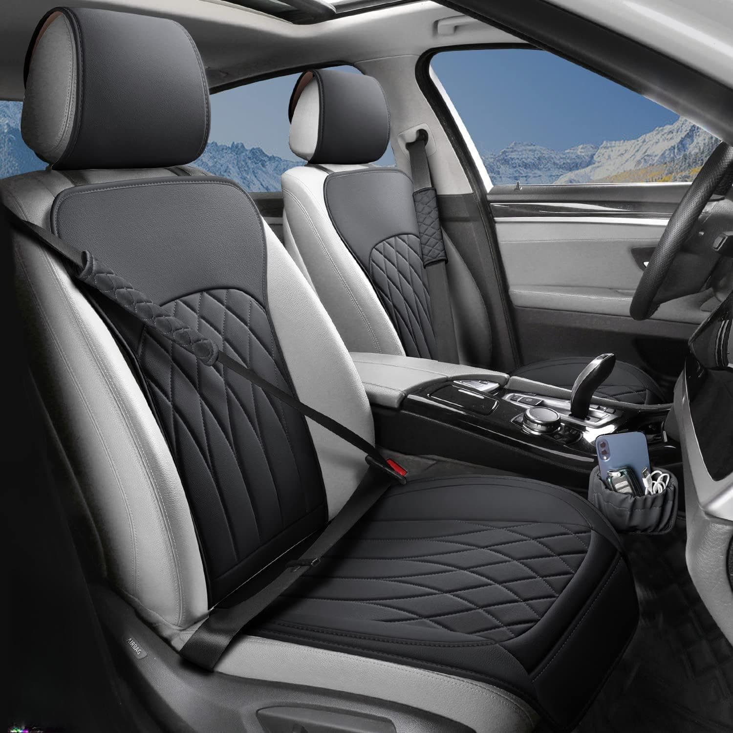 2 Pack Leather Front Car Seat Covers, Universal Sideless Car Seat Protectors with Storage Pocket and Seat Belt Pads, Waterproof Vehicle Seat Cover Automotive Seat Cushions for Cars Trucks SUV(Black)