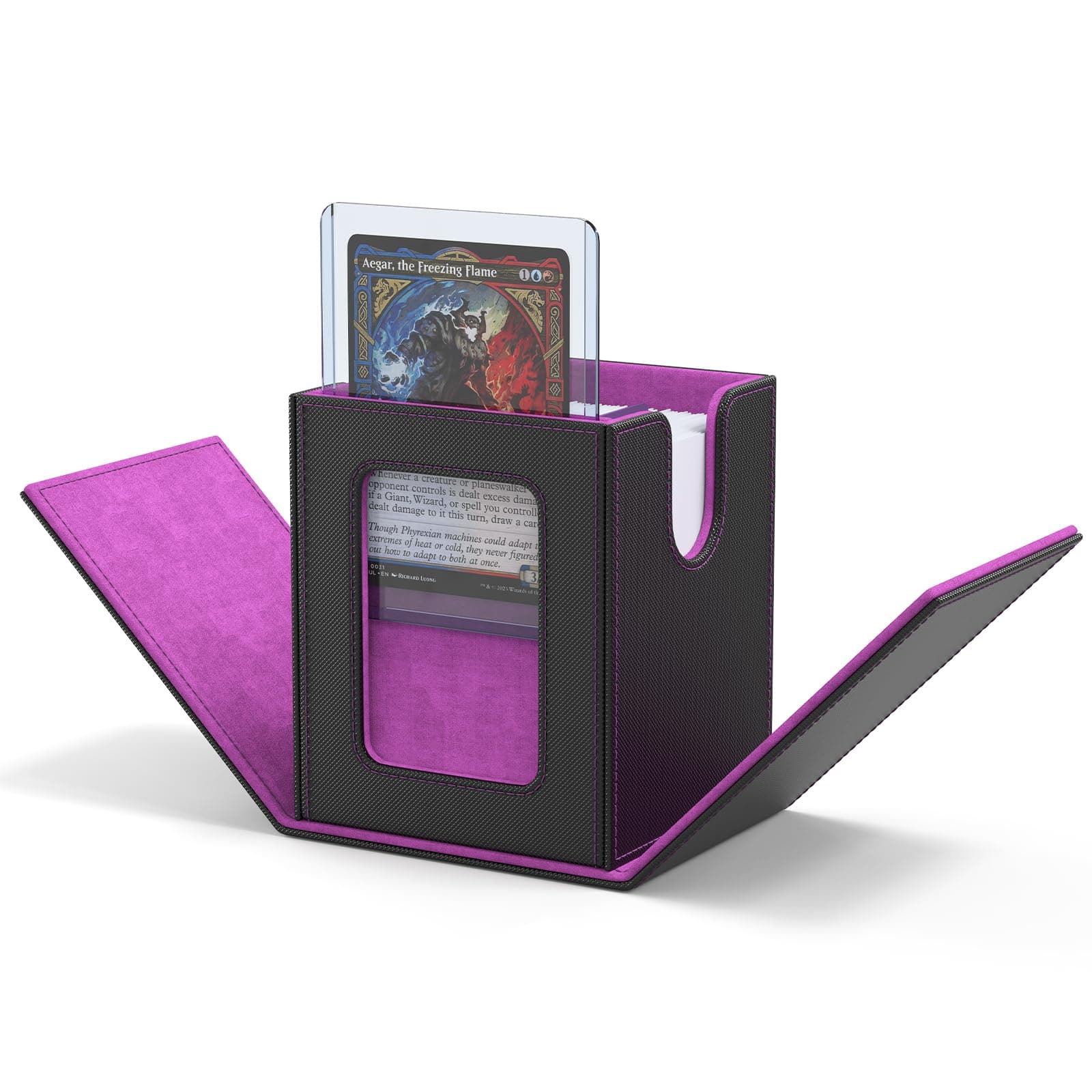 MTG Deck Box with Commander Window Display, Trading Card Storage Box Holds 100 Double-Sleeved Cards Suitable for TCG/CCG/PTCG/EDH/Magic/Sport Cards (Black&Purple)