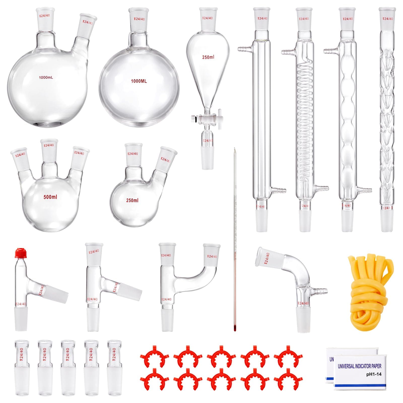 VEVOR Lab Distillation Kit, 3.3 Boro Lab Glassware Distillation Kit with 24, 40 Joint, 1000ml Essential Oil Distillation Apparatus Kit, 32 pcs Set of Glassware Equipment