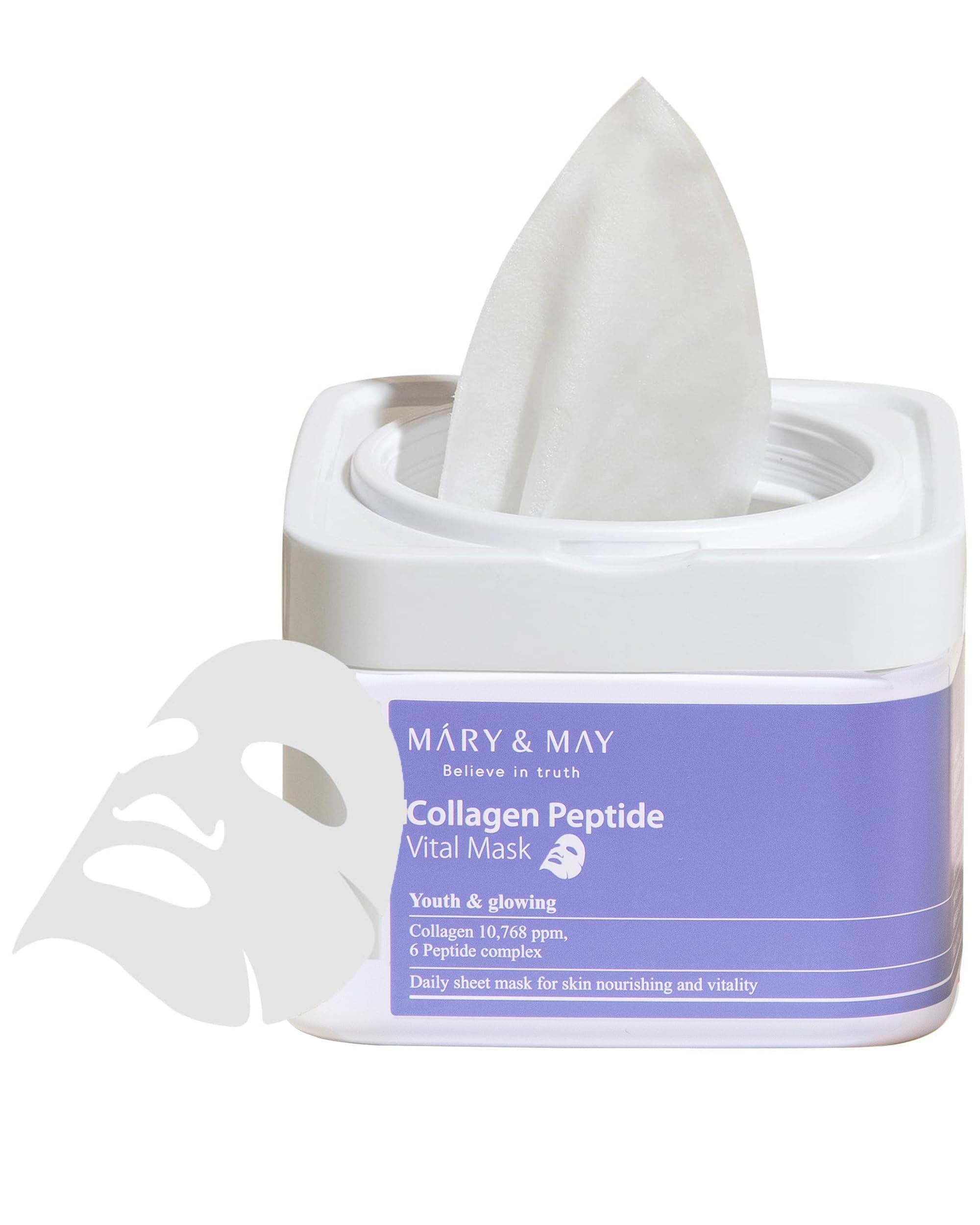 Mary&May Collagen Peptide Vital Mask (30 Sheets) – Pull-Out Case with Hydrolyzed Collagen & 6 Peptides, Firming & Fine Line Appearance Care, Hydrating Korean Sheet Mask for Mature Skin
