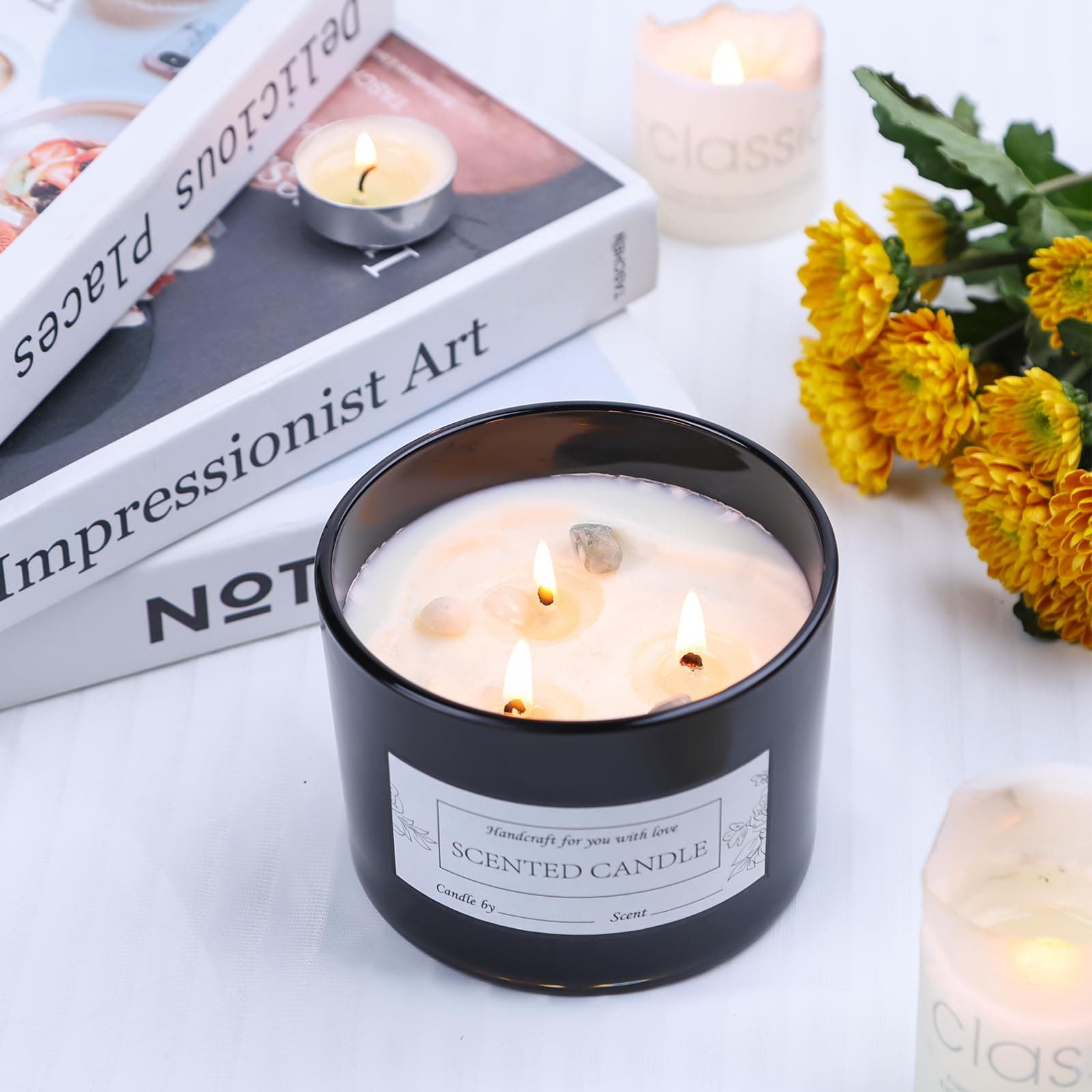 CONNOO 6-Pack 16 oz Black Candle Jars - 3-Wick Empty Glass Wide Mouth Candle Jars Come with Bamboo Lids, Sticky Warning Labels, and a Candle Wick Kit for Candle Making - Dishwasher Safe