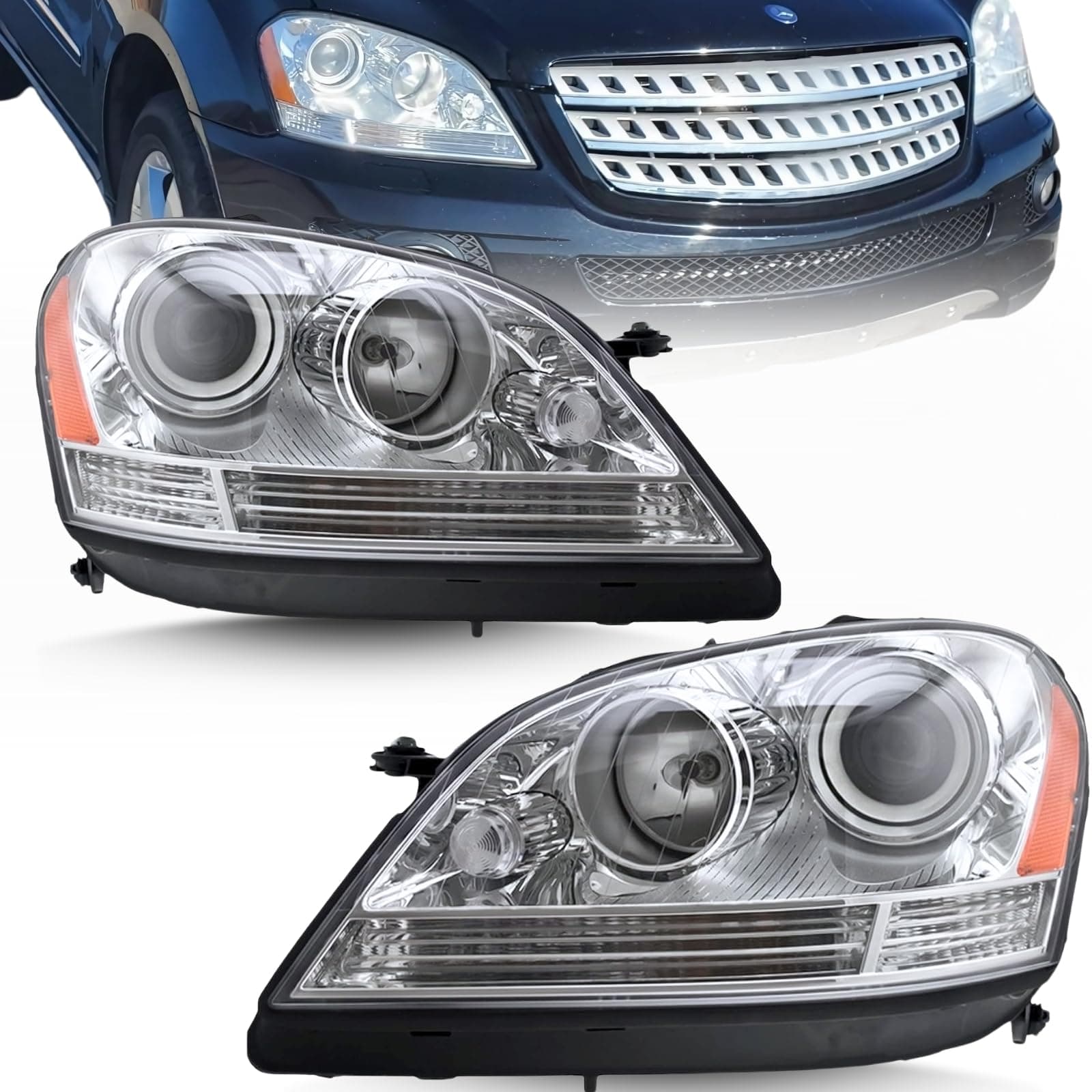 Halogen Headlight Assembly Set Compatible with Mercedes ML320 ML350 ML500 ML63 AMG, 2006 2007 CDI/4Matic/Base, – DOES NOT FIT Vehicles with Factory HID/Xenon Headlights - Left&Right Sides