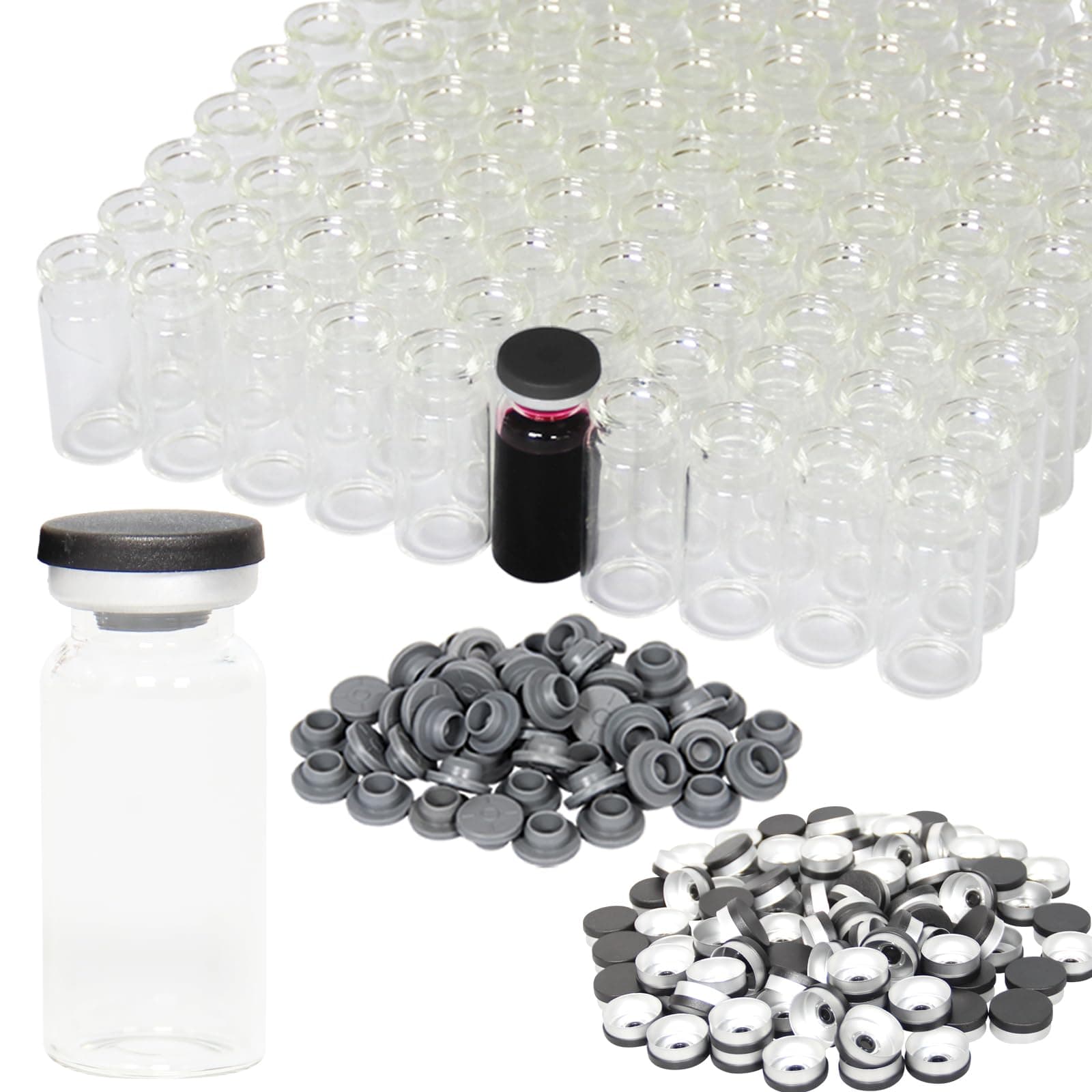 Chudeng 10ml Clear Glass Vials-2-1/2 Dram Clear Glass Headspace Vials with Black Plastic-Aluminum Flip Caps and Rubber Stoppers, 100 Pack, 20mm Flat Bottom Lab Vial