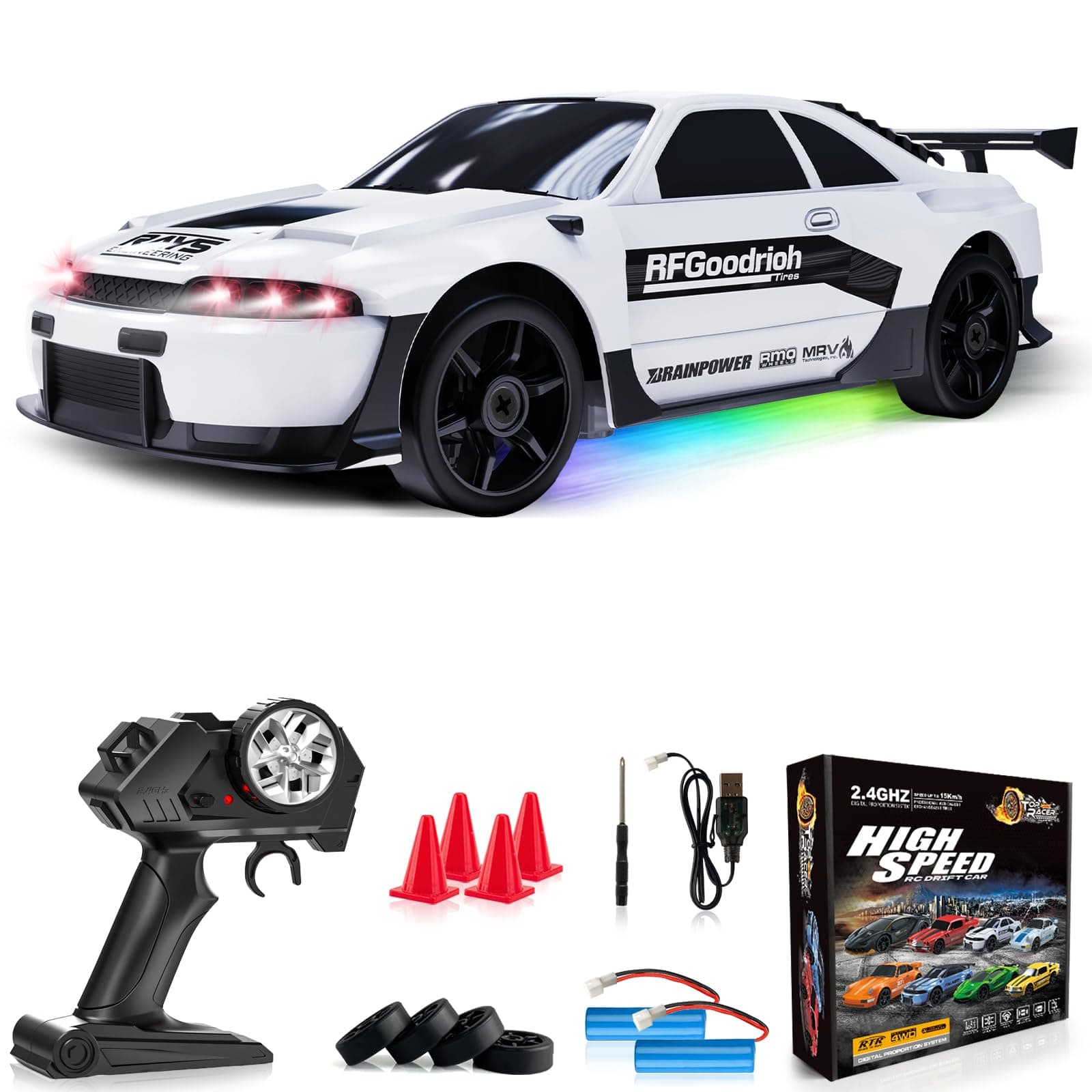 Remote Control Car RC Drift Car 2.4GHz 1:24 4WD 15KM/H High Speed Racing Sport Car with LED Lights Drifting Tire Racing Sport Toy for Adults Boys Girls Kids Gift 2Pcs Rechargeable Batteries