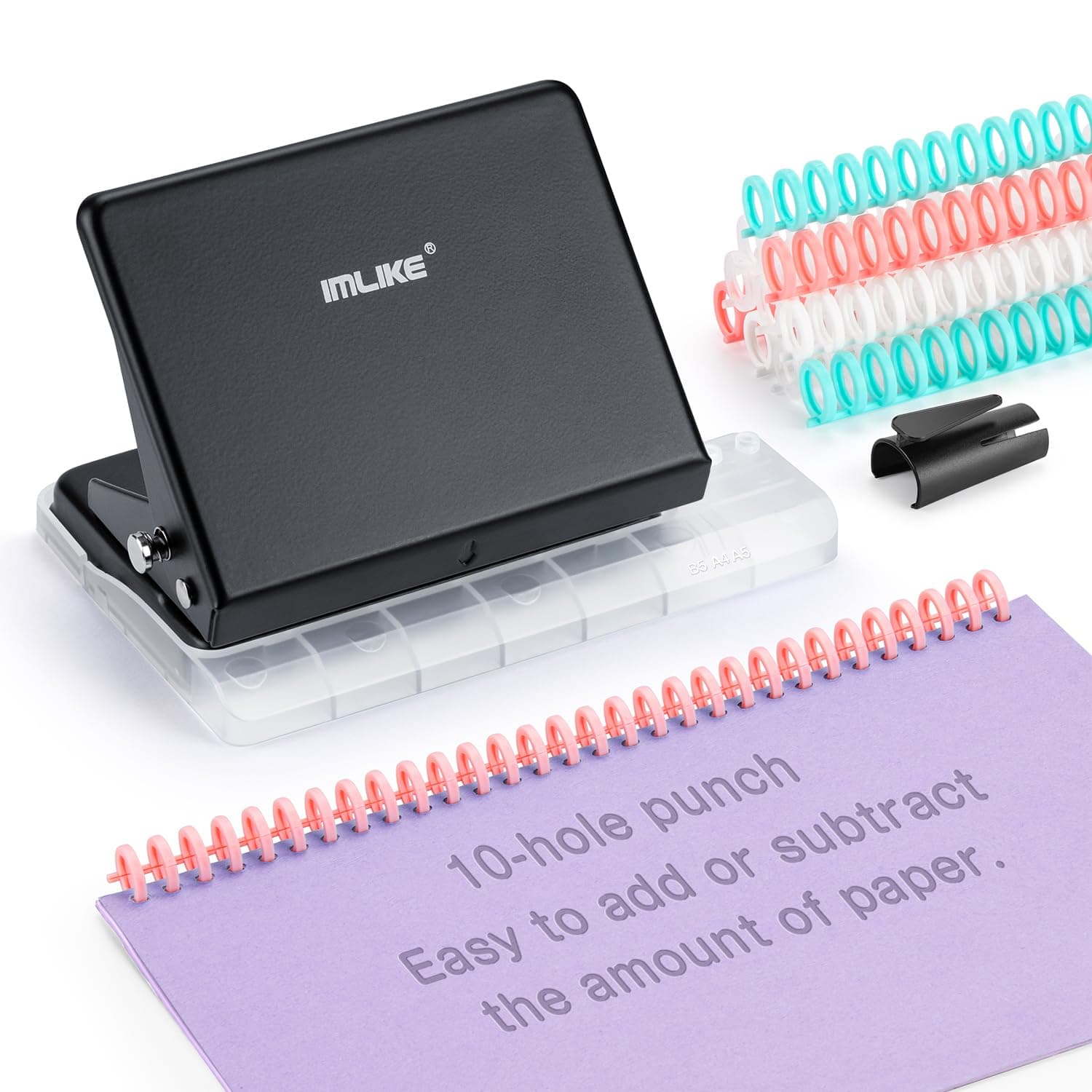 10-Hole Binding Machine for Planners - Metal Manual Binding System with 10 Multi-Color 30-Hole Loose Leaf Binding Spines - Punches 26 Holes on B5, 30 Holes on A4, 20 Holes on A5 Paper - Black