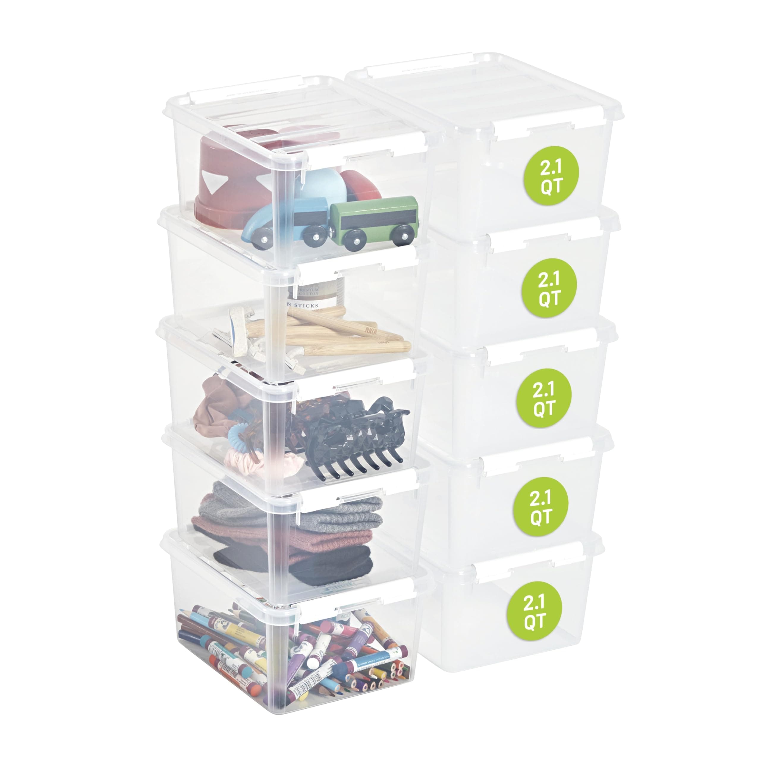 2L Small Plastic Storage Boxes with Lids - Set of 10 - Transparent - Stackable and Nestable - 10 Year Guarantee- Food Safe and BPA Free -White Clip Locked - L21 x W17 x H11 cm