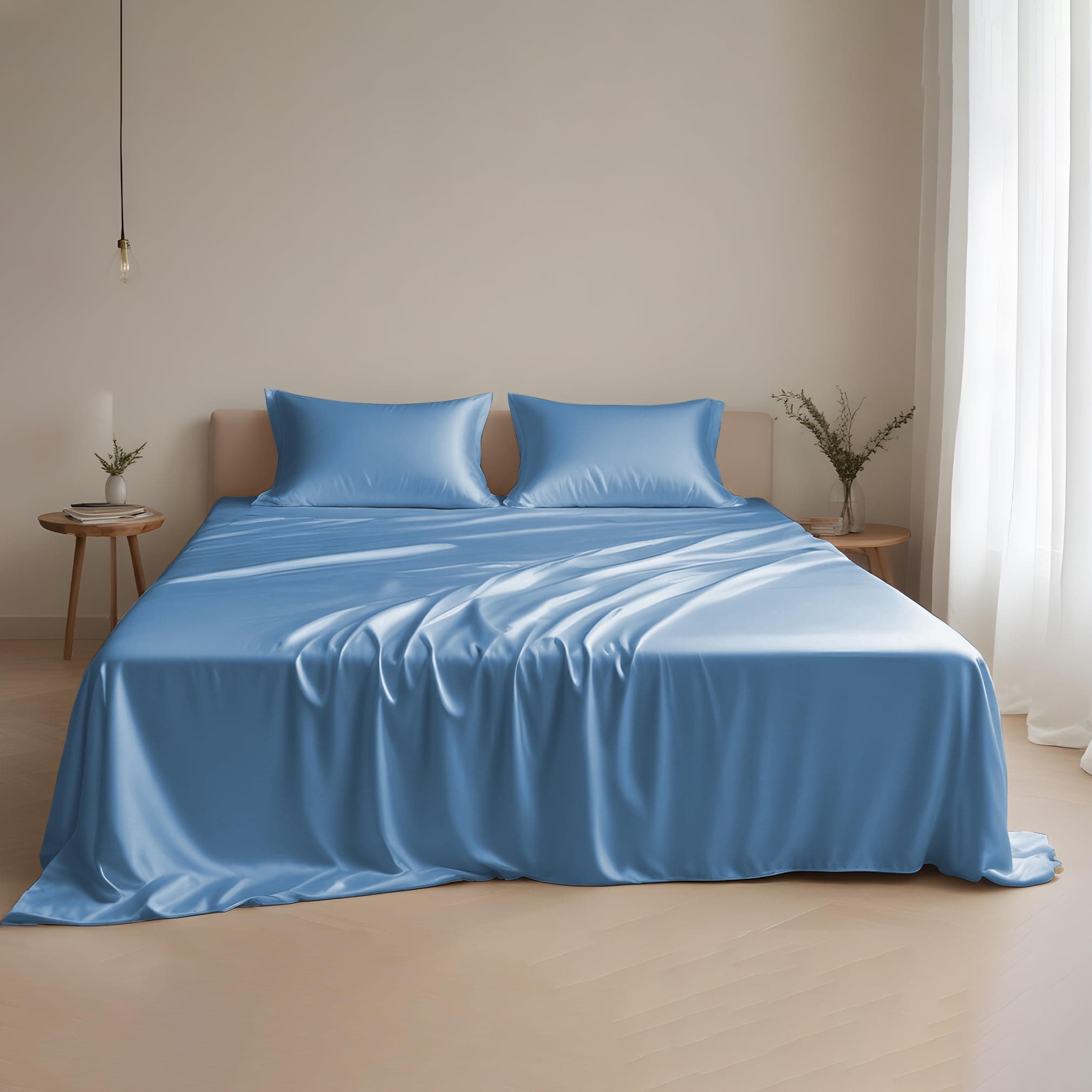 Linenwalas Eucalyptus Silk Tencel Sheets Set Queen Size 4Pc - Blue Bedding Lyocell 16" Deep Pocket Sheets - Soft Breathable & Cooling Bed Sheets for Hot Sleepers (Queen, Bahamas Blue)