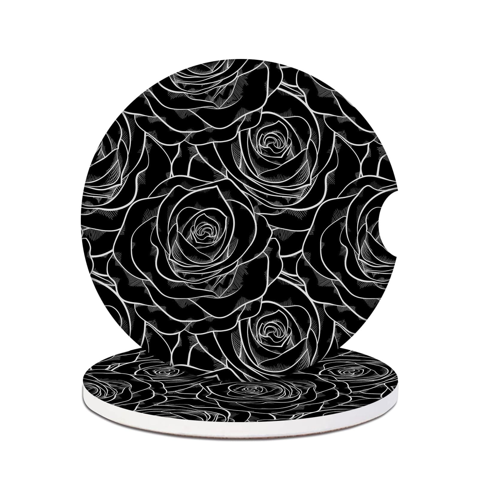 Car Cup Holder Coasters - Black Rose Absorbent Ceramic Coaster 2 Pack, Anti Slip Car Coasters for Cup Holders, Fashion Car Interior Accessories Drink Coaster for Women & Men