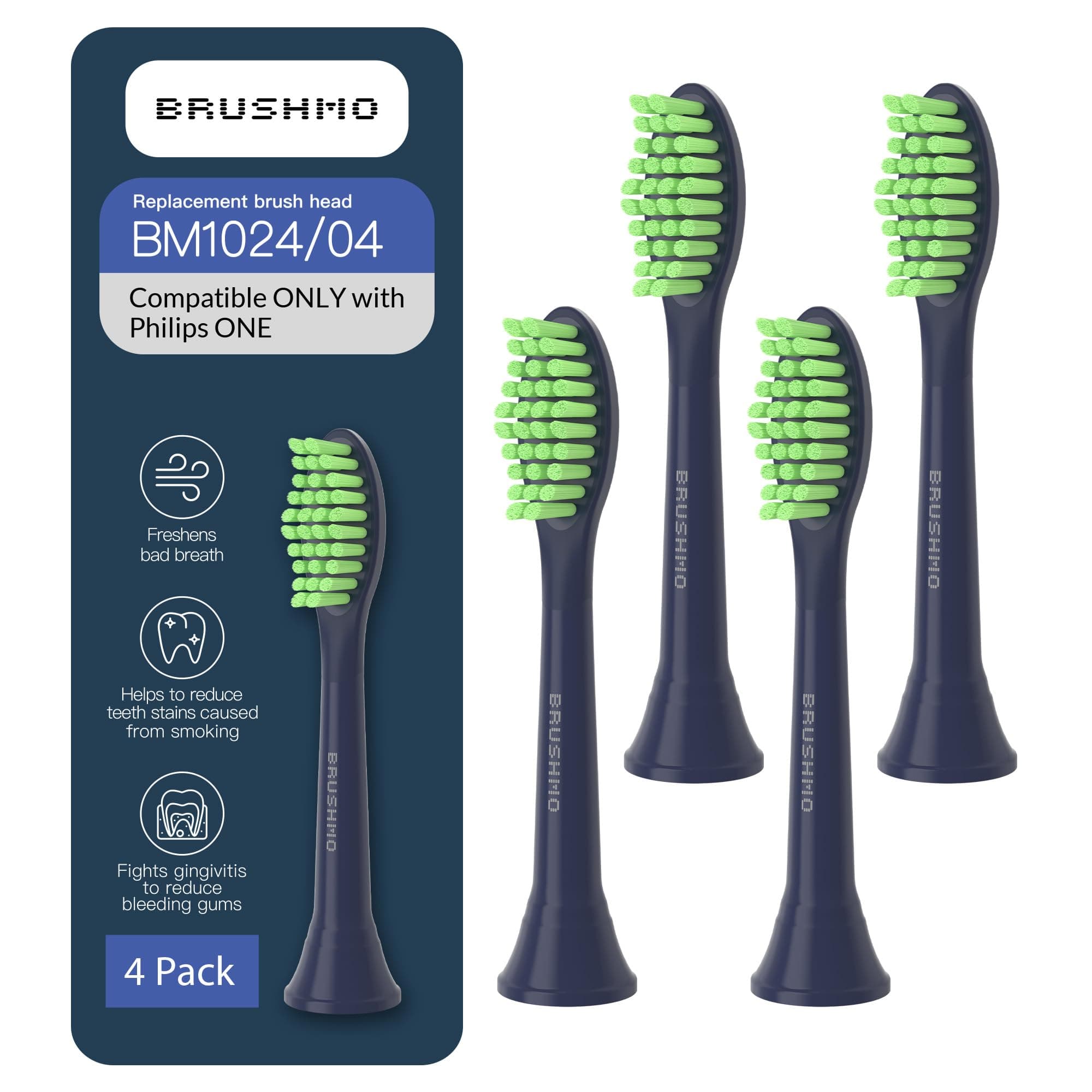 Brushmo Replacement Toothbrush Heads, Compatible with Philips One for Sonicare Electric Toothbrush Handles HY1022, 4 Standard Heads with Tongue Cleaner, Soft DuPont Bristles, BM124m Midnight Navy Blue