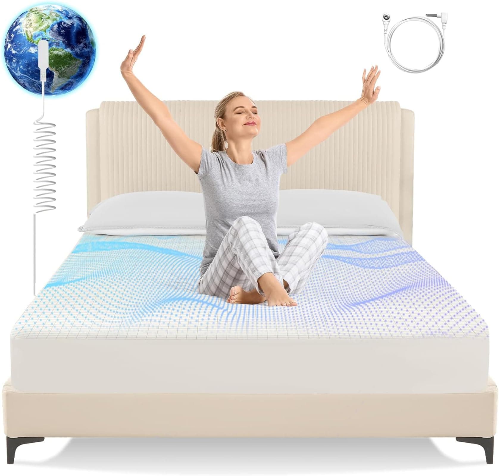 Grounding Sheets Queen Size, Earth Grounded Fitted Bed Sheet with 10% Pure Silver Fiber + 90% Organic Cotton, for Improved Sleep & Wellness (Beige, Queen - 80"x60"x15")