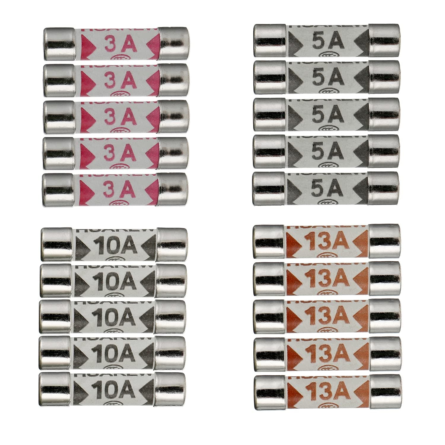 4 Values 20 Pcs 6.3x25 mm BS1362 3 5 10 13 A amp 240 V volt 0.248x0.984 Inch Ceramic Tube Fuses Assortment Kit